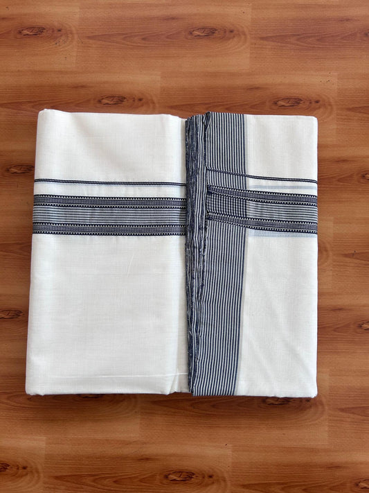 Off White (Unbleached) Double Mundu/Dhoti - 25% Discount! KaithariKada Handloom Unakkupaav- 100% Pure Cotton - 100x80 - 1.5 inch Silver Kasav Black & Tan Brown Striped Kara 4 Meters (8.5 Muzham) - 11 KK5511 REA