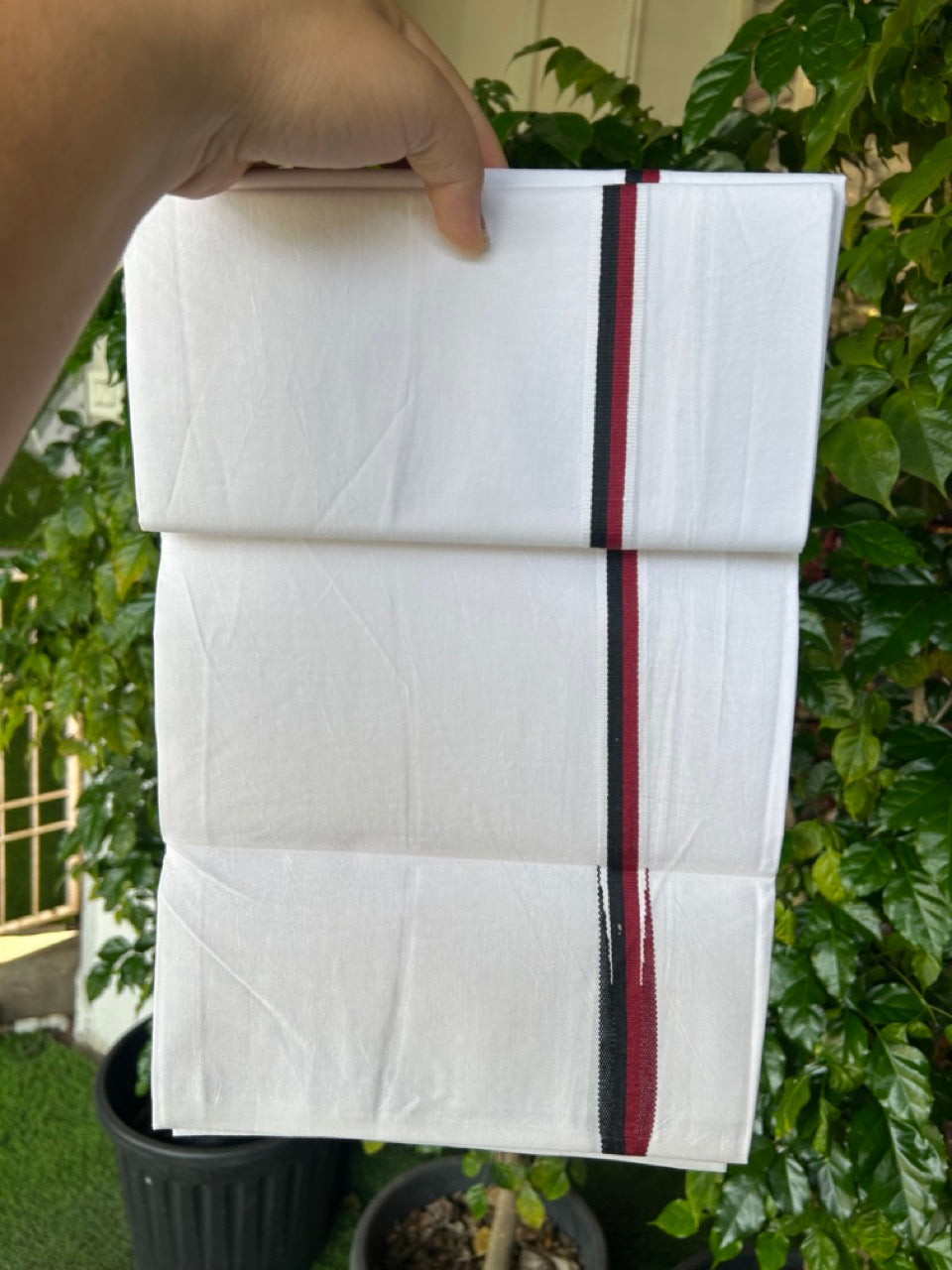 DMK Veshti - 20% Discount !! KaithariKada Balaramapuram PURE WHITE SINGLE Mundu/Dhoti - 100X100 - Puliyilakkara 0.75 inch Maroon & Black Chutty Kara (2 meter / 4 muzham) - 12KK5224 ASH