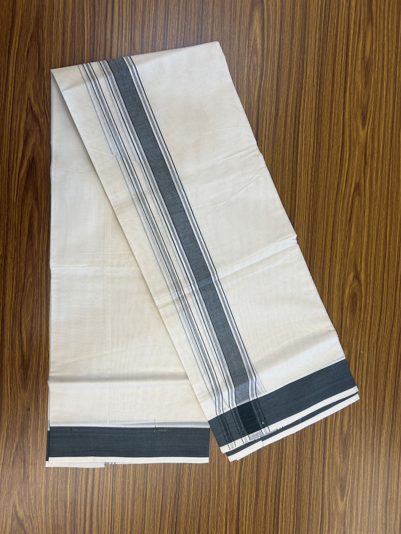 20% Discount! KaithariKada Balaramapuram 100% Cotton Double Off White Mundu/Dhoti- 100x80 - 1.75 inch Dark Sage Green Shaded Striped Kara 4 mtr (8.5 muzham) - 217 KK5361 PMC