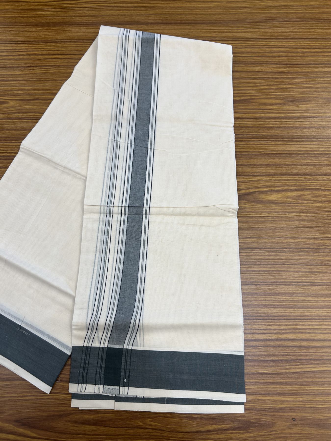 20% Discount! KaithariKada Balaramapuram 100% Cotton Double Off White Mundu/Dhoti- 100x80 - 1.75 inch Dark Sage Green Shaded Striped Kara 4 mtr (8.5 muzham) - 217 KK5361 PMC