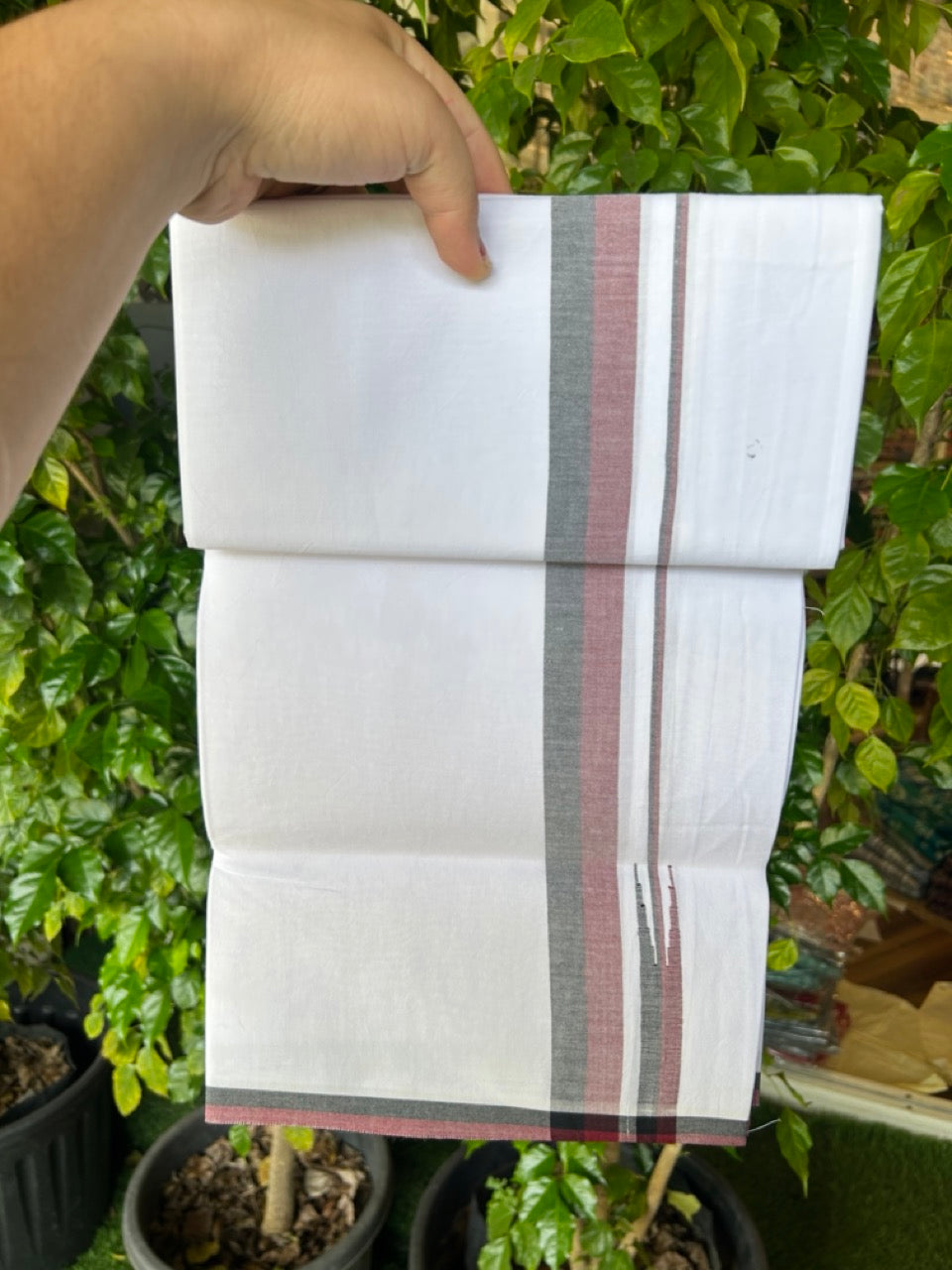 DMK Veshti - 20% Discount !! KaithariKada Balaramapuram PURE WHITE SINGLE Mundu/Dhoti - 100X100 - Puliyilakkara 1.25 inch Maroon & Black Chutty Kara (2 meter / 4 muzham) - 16KK5224 ASH