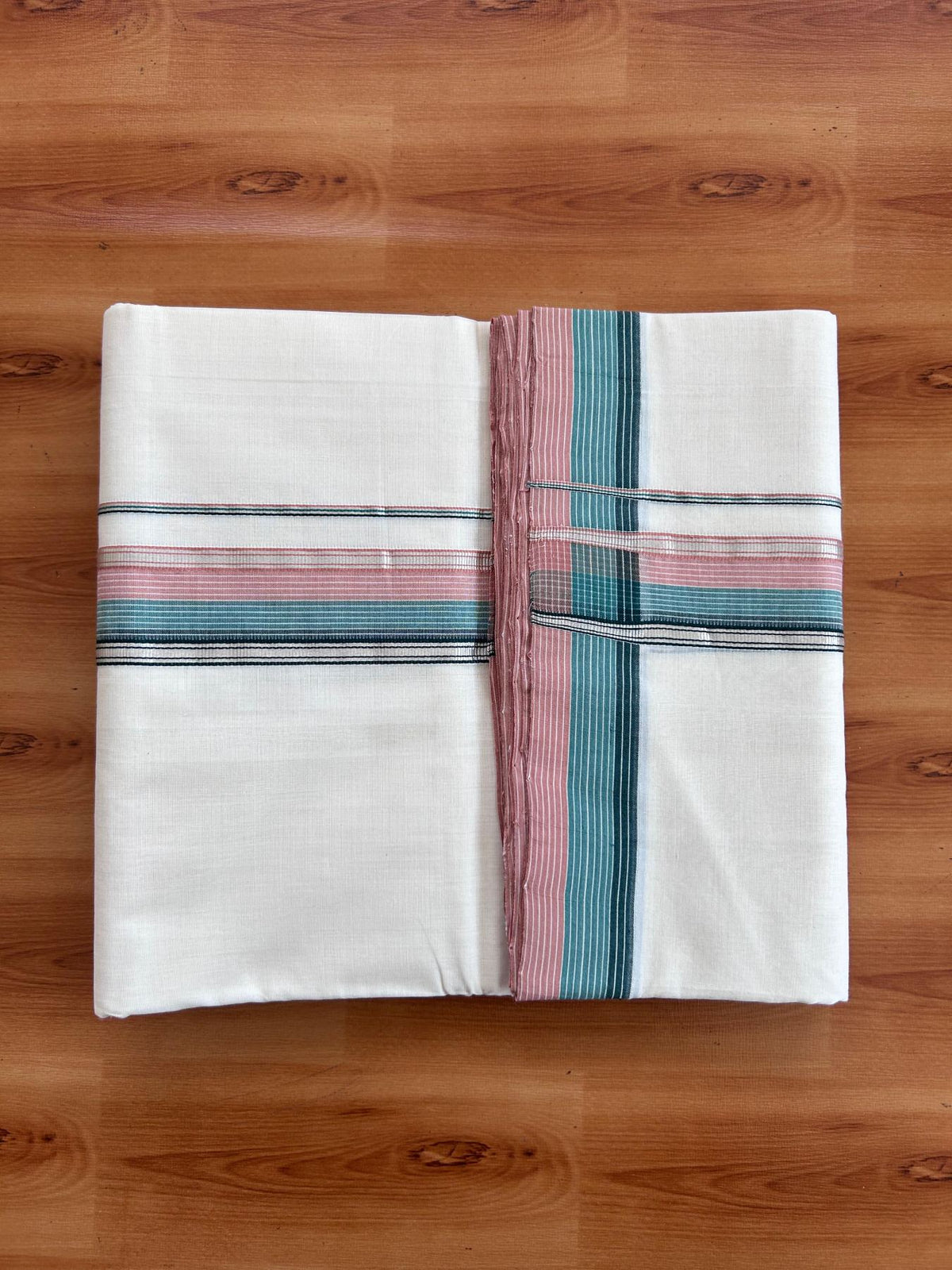 Off White (Unbleached) Double Mundu/Dhoti - 25% Discount! KaithariKada Handloom Unakkupaav- 100% Pure Cotton - 100x80 - 1.5 inch Silver Kasav Dusty Peach & Green Shaded Striped Kara 4 Meters (8.5 Muzham) - 8 KK5511 REA