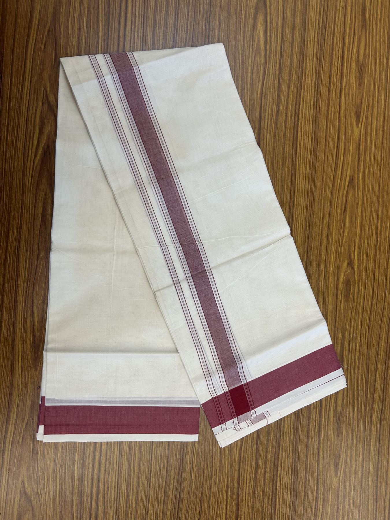 20% Discount! KaithariKada Balaramapuram 100% Cotton Double Off White Mundu/Dhoti- 100x80 -1.75 inch Maroon Shaded Striped Kara 4 mtr (8.5 muzham) - 218 KK5361 PMC