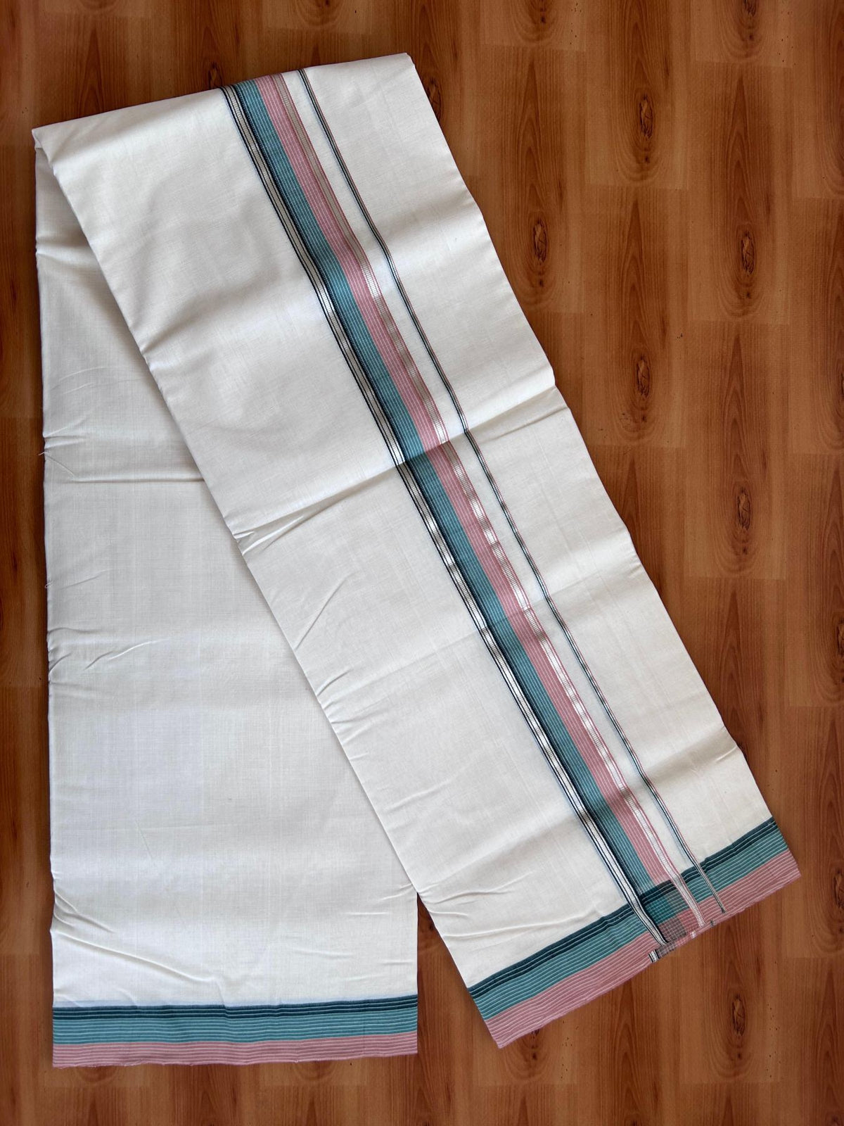 Off White (Unbleached) Double Mundu/Dhoti - 25% Discount! KaithariKada Handloom Unakkupaav- 100% Pure Cotton - 100x80 - 1.5 inch Silver Kasav Dusty Peach & Green Shaded Striped Kara 4 Meters (8.5 Muzham) - 8 KK5511 REA