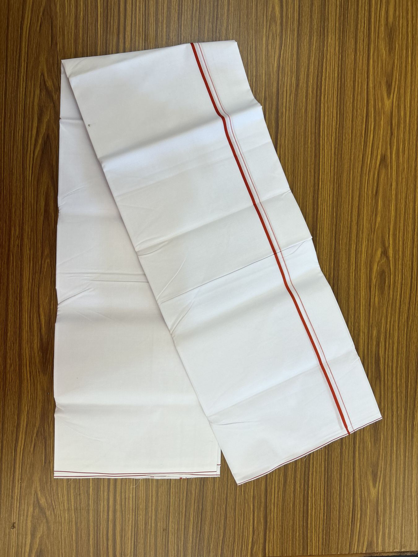 20% Discount !! KaithariKada Wrinkle Free Mercerised Cotton Pure White Single Mundu/Dhoti- (40s) - 0.25 cm Red Kara (2 meter / 4 muzham) - 19 KK5336 UAT