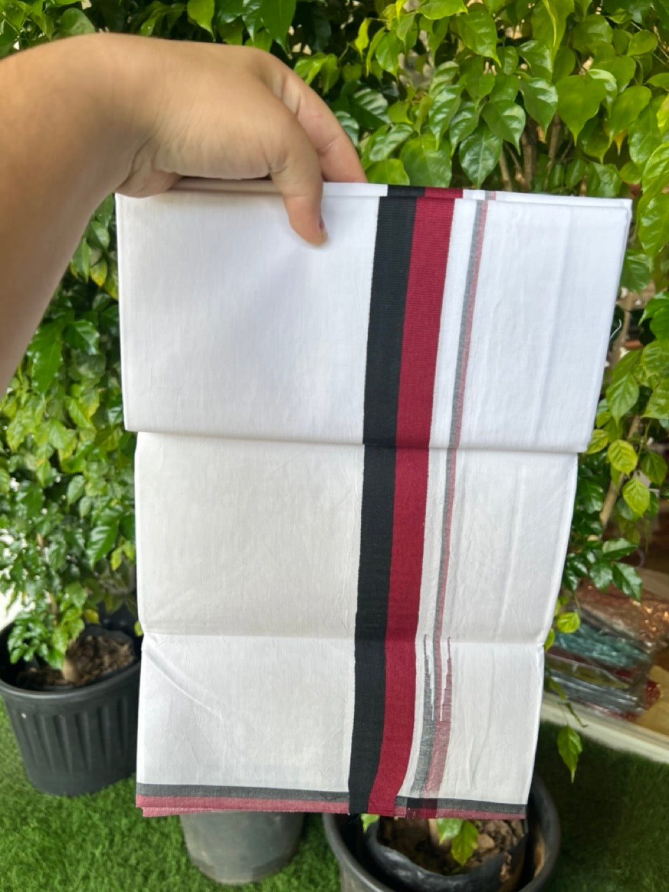DMK Veshti - 20% Discount !! KaithariKada Balaramapuram PURE WHITE SINGLE Mundu/Dhoti - 100X100 - Puliyilakkara 1.5 inch Maroon & Black Stripes Chutty Kara (2 meter / 4 muzham) - 14KK5224 ASH