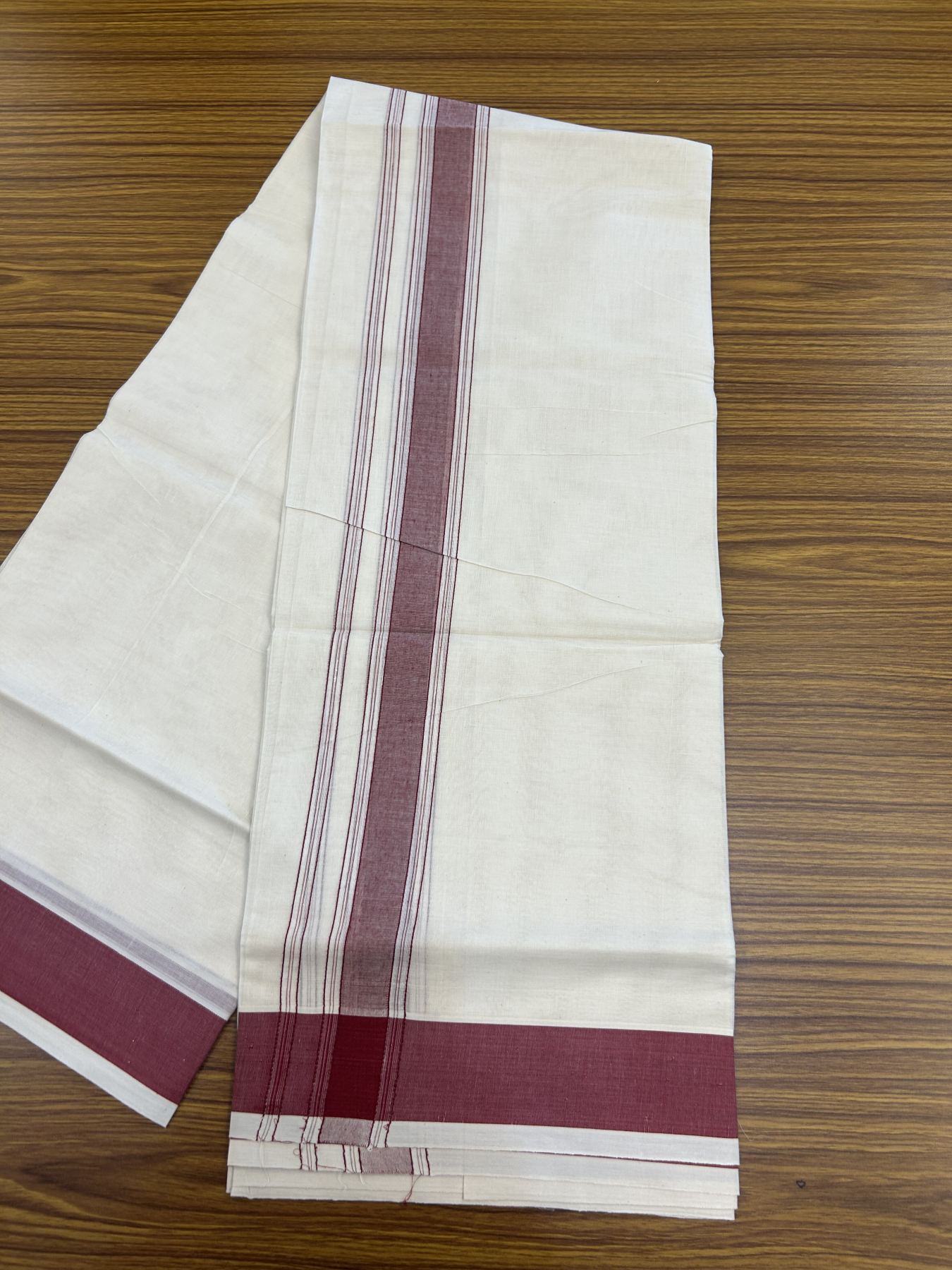 20% Discount! KaithariKada Balaramapuram 100% Cotton Double Off White Mundu/Dhoti- 100x80 -1.75 inch Maroon Shaded Striped Kara 4 mtr (8.5 muzham) - 218 KK5361 PMC