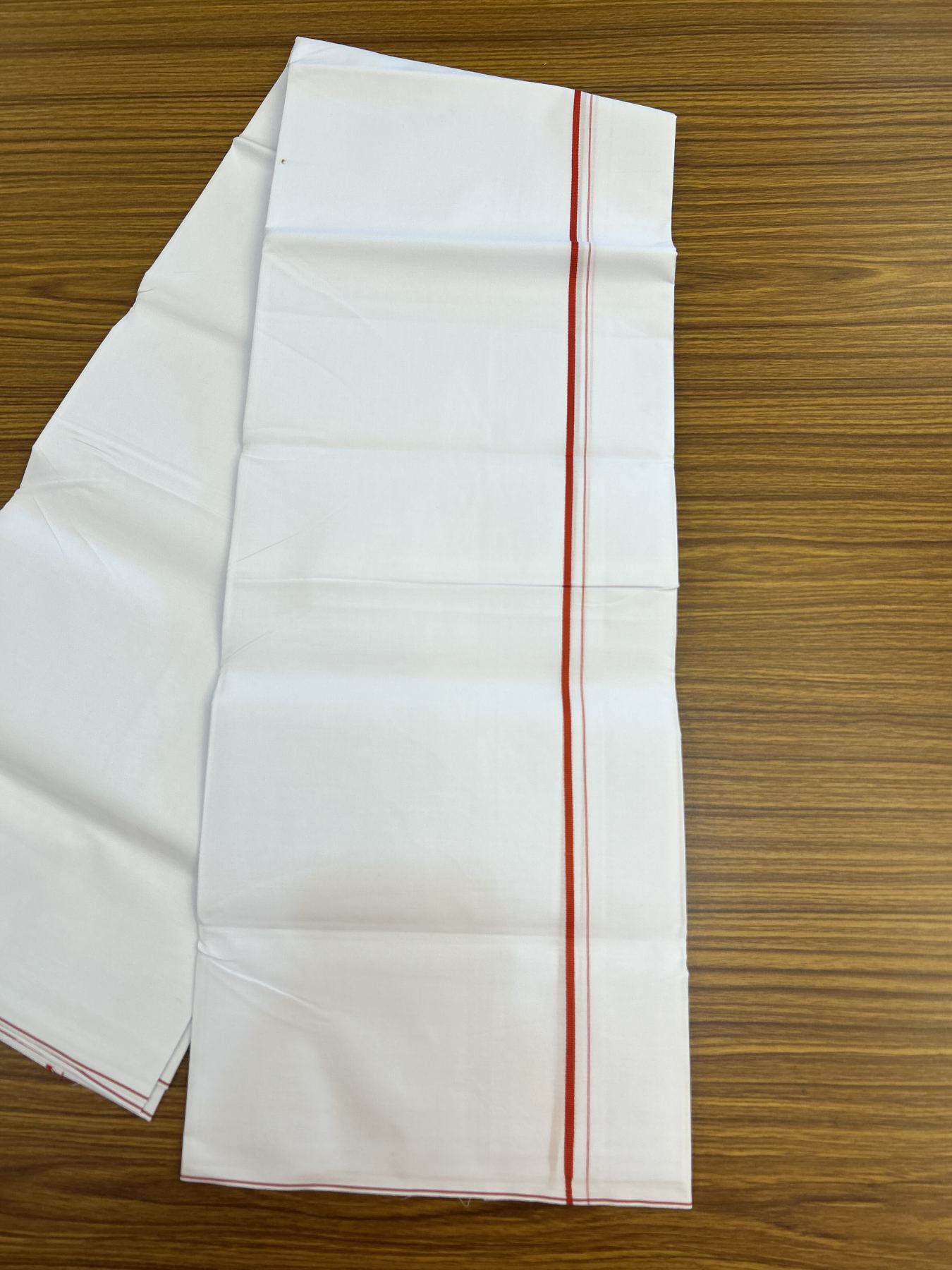 20% Discount !! KaithariKada Wrinkle Free Mercerised Cotton Pure White Single Mundu/Dhoti- (40s) - 0.25 cm Red Kara (2 meter / 4 muzham) - 19 KK5336 UAT