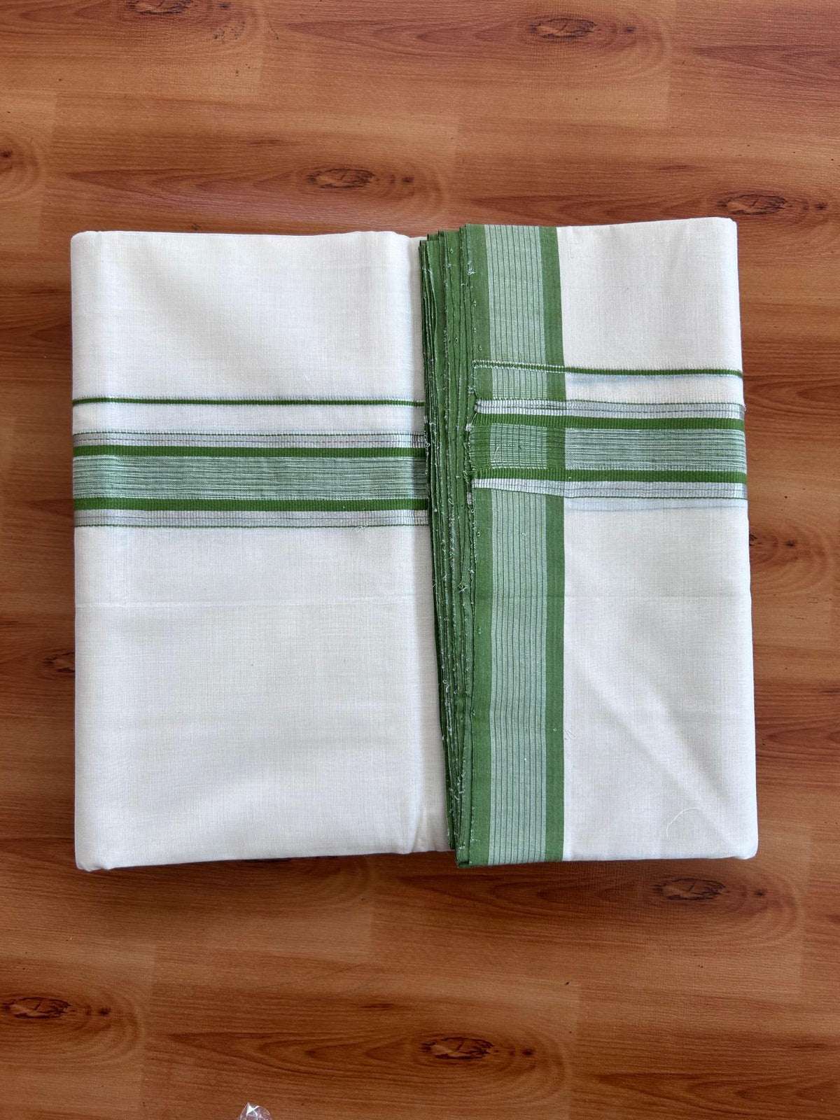 Off White (Unbleached) Double Mundu/Dhoti - 25% Discount! KaithariKada Handloom Unakkupaav- 100% Pure Cotton - 100x80 - 1.5 inch Silver Kasav & Parrot Green shaded striped kara 4 Meters (8.5 Muzham) - 1 KK5511 REA