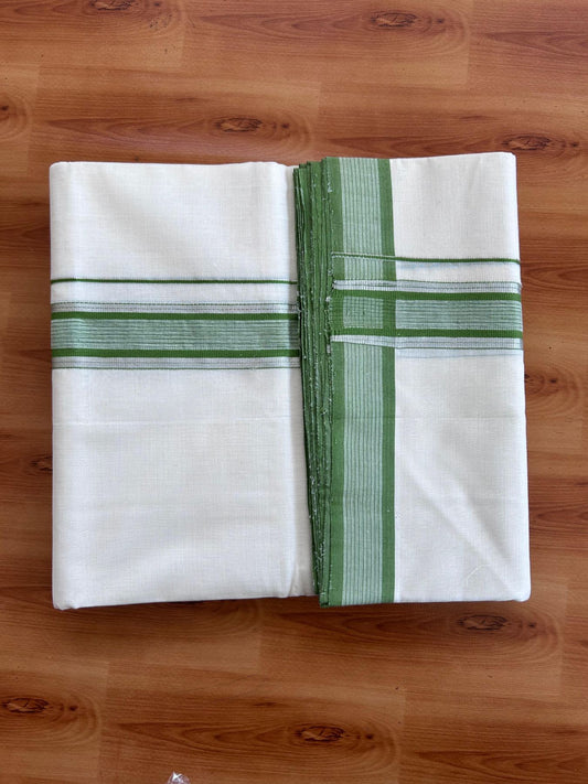 Off White (Unbleached) Double Mundu/Dhoti - 25% Discount! KaithariKada Handloom Unakkupaav- 100% Pure Cotton - 100x80 - 1.5 inch Silver Kasav & Parrot Green shaded striped kara 4 Meters (8.5 Muzham) - 1 KK5511 REA