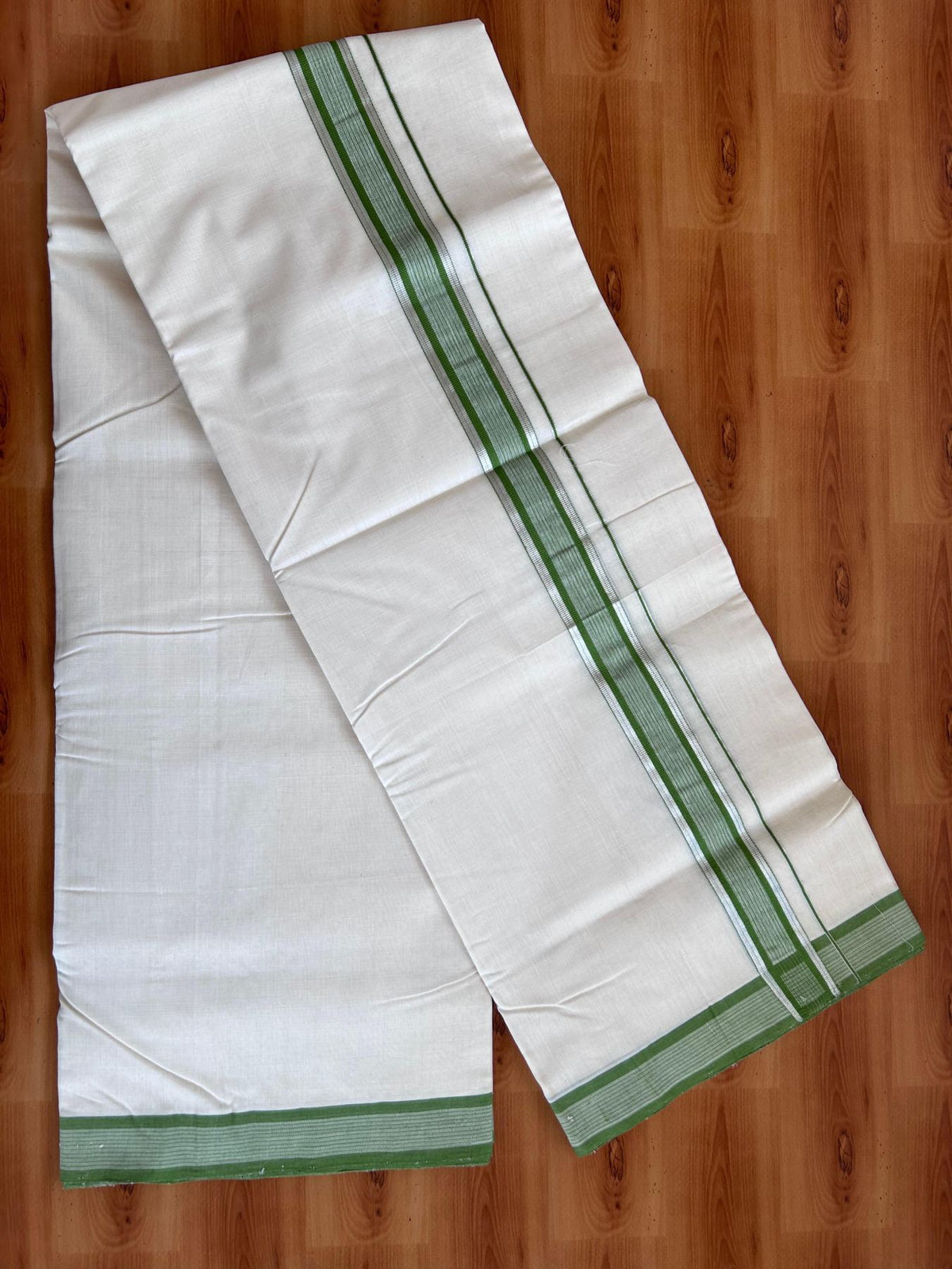 Off White (Unbleached) Double Mundu/Dhoti - 25% Discount! KaithariKada Handloom Unakkupaav- 100% Pure Cotton - 100x80 - 1.5 inch Silver Kasav & Parrot Green shaded striped kara 4 Meters (8.5 Muzham) - 1 KK5511 REA