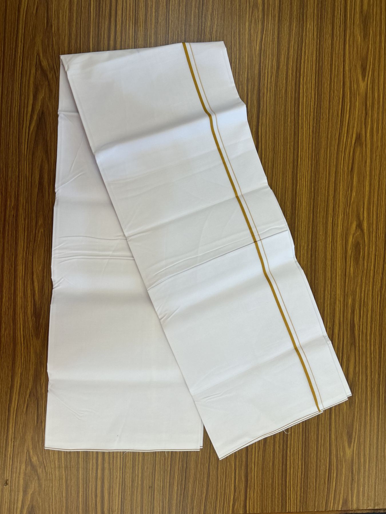 20% Discount !! KaithariKada Wrinkle Free Mercerised Cotton Pure White Single Mundu/Dhoti- (40s) - 0.25 cm Mustard Yellow Kara (2 meter / 4 muzham) - 20 KK5336 UAT