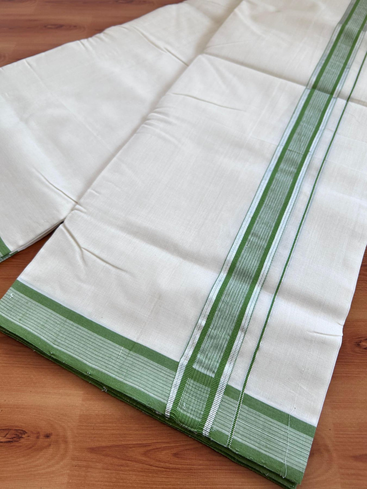 Off White (Unbleached) Double Mundu/Dhoti - 25% Discount! KaithariKada Handloom Unakkupaav- 100% Pure Cotton - 100x80 - 1.5 inch Silver Kasav & Parrot Green shaded striped kara 4 Meters (8.5 Muzham) - 1 KK5511 REA