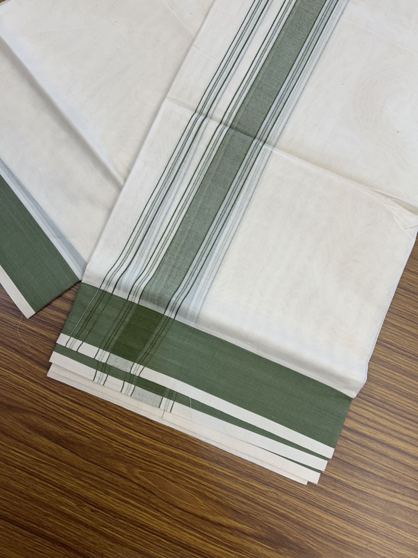20% Discount! KaithariKada Balaramapuram 100% Cotton Double Off White Mundu/Dhoti- 100x80 -1.75 inch Olive Green Shaded Striped Kara 4 mtr (8.5 muzham) - 220 KK5361 PMC