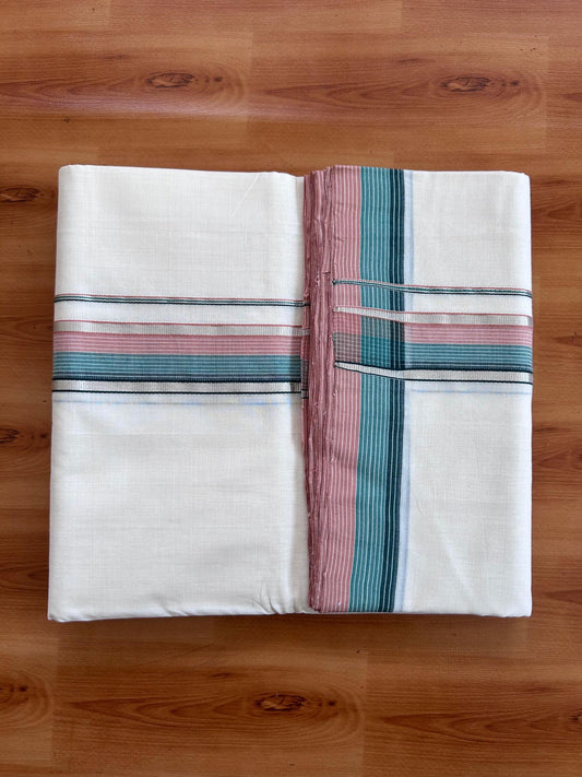 Off White (Unbleached) Double Mundu/Dhoti - 25% Discount! KaithariKada Handloom Unakkupaav- 100% Pure Cotton - 100x80 - 1.5 inch Silver Kasav Dusty Peach & Green Shaded Striped Kara 4 Meters (8.5 Muzham) - 7 KK5511 REA
