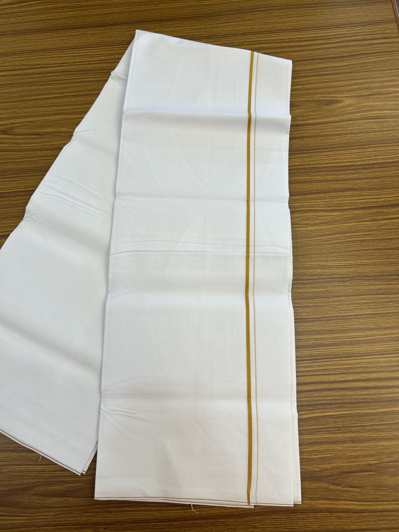 20% Discount !! KaithariKada Wrinkle Free Mercerised Cotton Pure White Single Mundu/Dhoti- (40s) - 0.25 cm Mustard Yellow Kara (2 meter / 4 muzham) - 20 KK5336 UAT