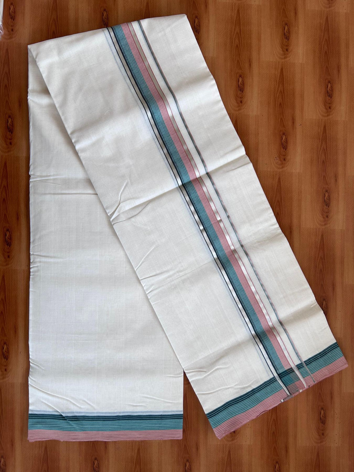 Off White (Unbleached) Double Mundu/Dhoti - 25% Discount! KaithariKada Handloom Unakkupaav- 100% Pure Cotton - 100x80 - 1.5 inch Silver Kasav Dusty Peach & Green Shaded Striped Kara 4 Meters (8.5 Muzham) - 7 KK5511 REA
