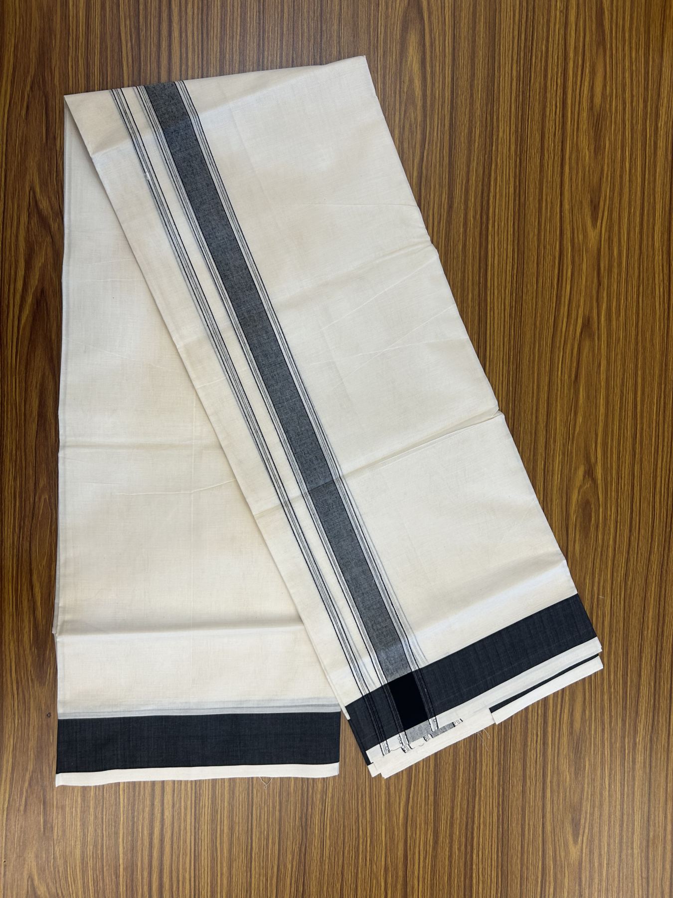 20% Discount! KaithariKada Balaramapuram 100% Cotton Double Off White Mundu/Dhoti- 100x80 -1.75 inch Black Shaded Striped Kara 4 mtr (8.5 muzham) - 221 KK5361 PMC