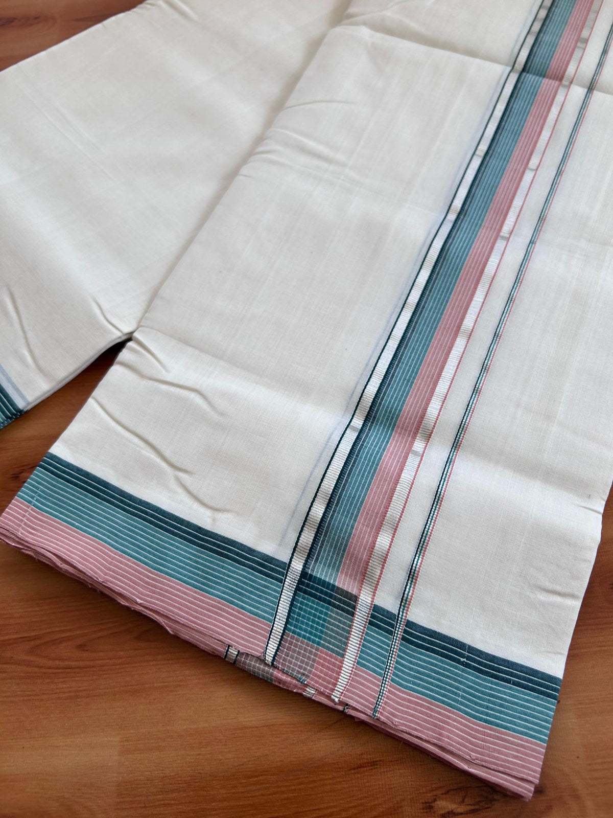 Off White (Unbleached) Double Mundu/Dhoti - 25% Discount! KaithariKada Handloom Unakkupaav- 100% Pure Cotton - 100x80 - 1.5 inch Silver Kasav Dusty Peach & Green Shaded Striped Kara 4 Meters (8.5 Muzham) - 7 KK5511 REA
