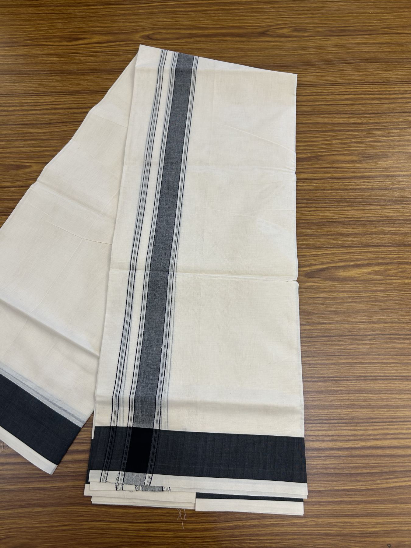 20% Discount! KaithariKada Balaramapuram 100% Cotton Double Off White Mundu/Dhoti- 100x80 -1.75 inch Black Shaded Striped Kara 4 mtr (8.5 muzham) - 221 KK5361 PMC