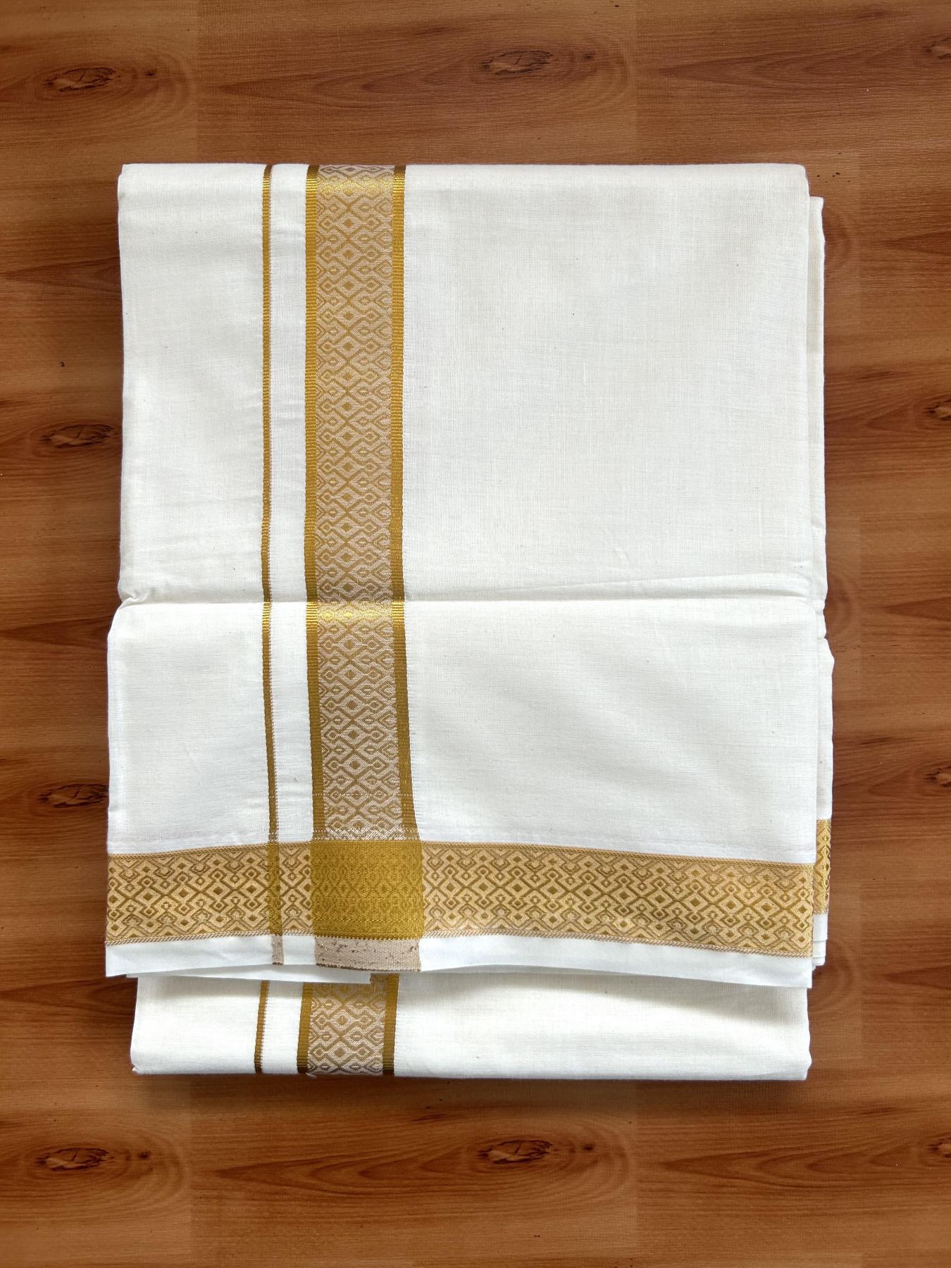Double Off White - (Unbleached) Mundu/Dhoti - 20% Discount!! Kaitharikada Balaramapuram Pure Cotton - 100s - 1.25 inch Gold Kasav Jacquard Design Kara 4 mtr (8.5 muzham) - 13 KK5395 GAN