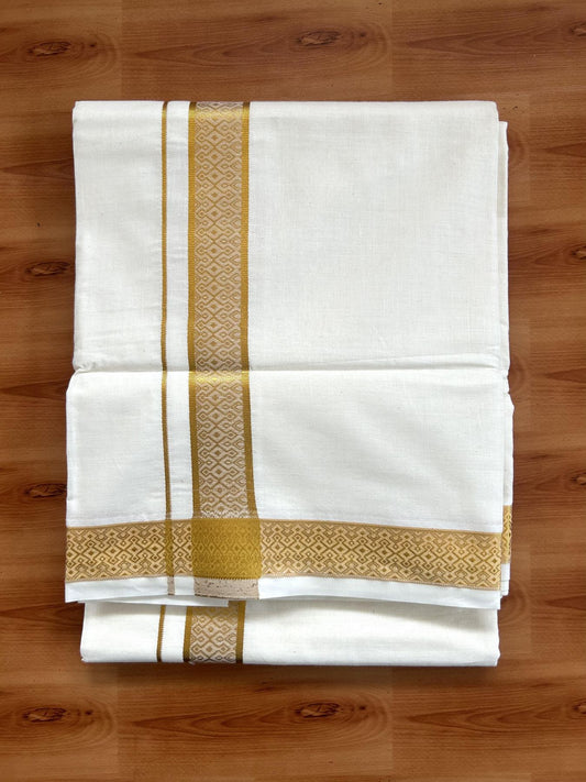 Double Off White - (Unbleached) Mundu/Dhoti - 20% Discount!! Kaitharikada Balaramapuram Pure Cotton - 100s - 1.25 inch Gold Kasav Jacquard Design Kara 4 mtr (8.5 muzham) - 13 KK5395 GAN