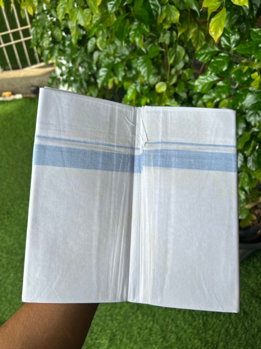 20% DISCOUNT ! KaithariKada Balaramapuram 100% COTTON SINGLE PURE WHITE  Mundu/Dhoti-Twisted 100s Thread- 1.5 inch Shaded Sky Blue Kara (2 metre / 4 muzham) - 4KK5224 ASH