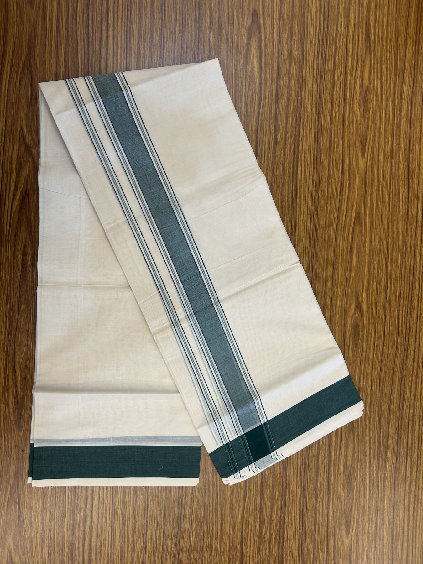 20% Discount! KaithariKada Balaramapuram 100% Cotton Double Off White Mundu/Dhoti- 100x80 -1.75 inch Green Shaded Striped Kara 4 mtr (8.5 muzham) - 219 KK5361 PMC
