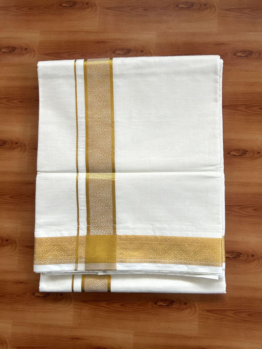Double Off White - (Unbleached) Mundu/Dhoti - 20% Discount!! Kaitharikada Balaramapuram Pure Cotton - 100s - 1.25 inch Gold Kasav Jacquard Design Kara 4 mtr (8.5 muzham) - 10 KK5395 GAN