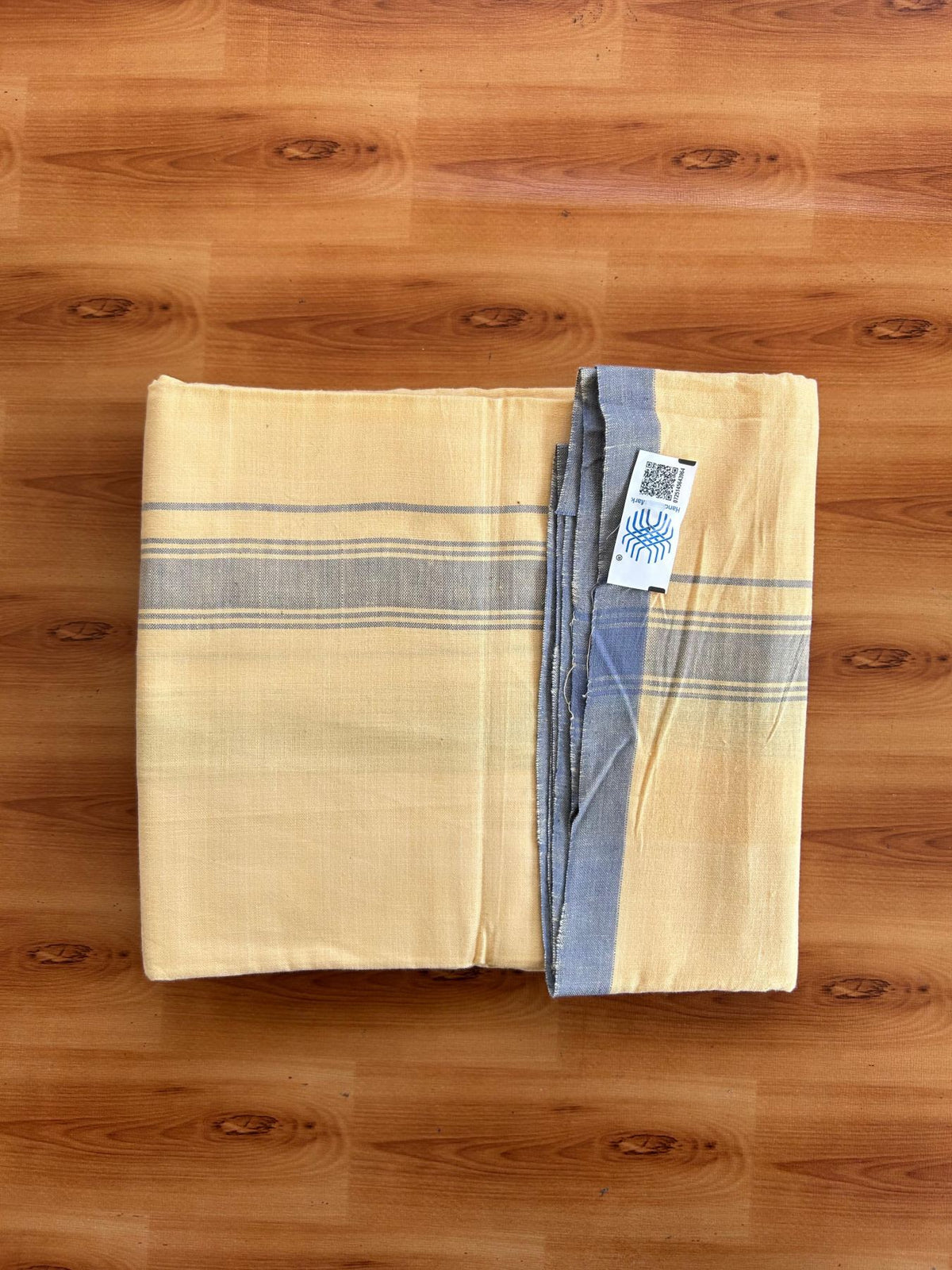 Kannur Kavi Dhoti - KaithariKada Kerala Handloom Single Mundu/Dhoti - 100% Pure Cotton 2/40x26s Thread - Kannur Yellow colour Body 1.25 inch Ash Blue shaded striped Kara - 3 KK8078 KAL