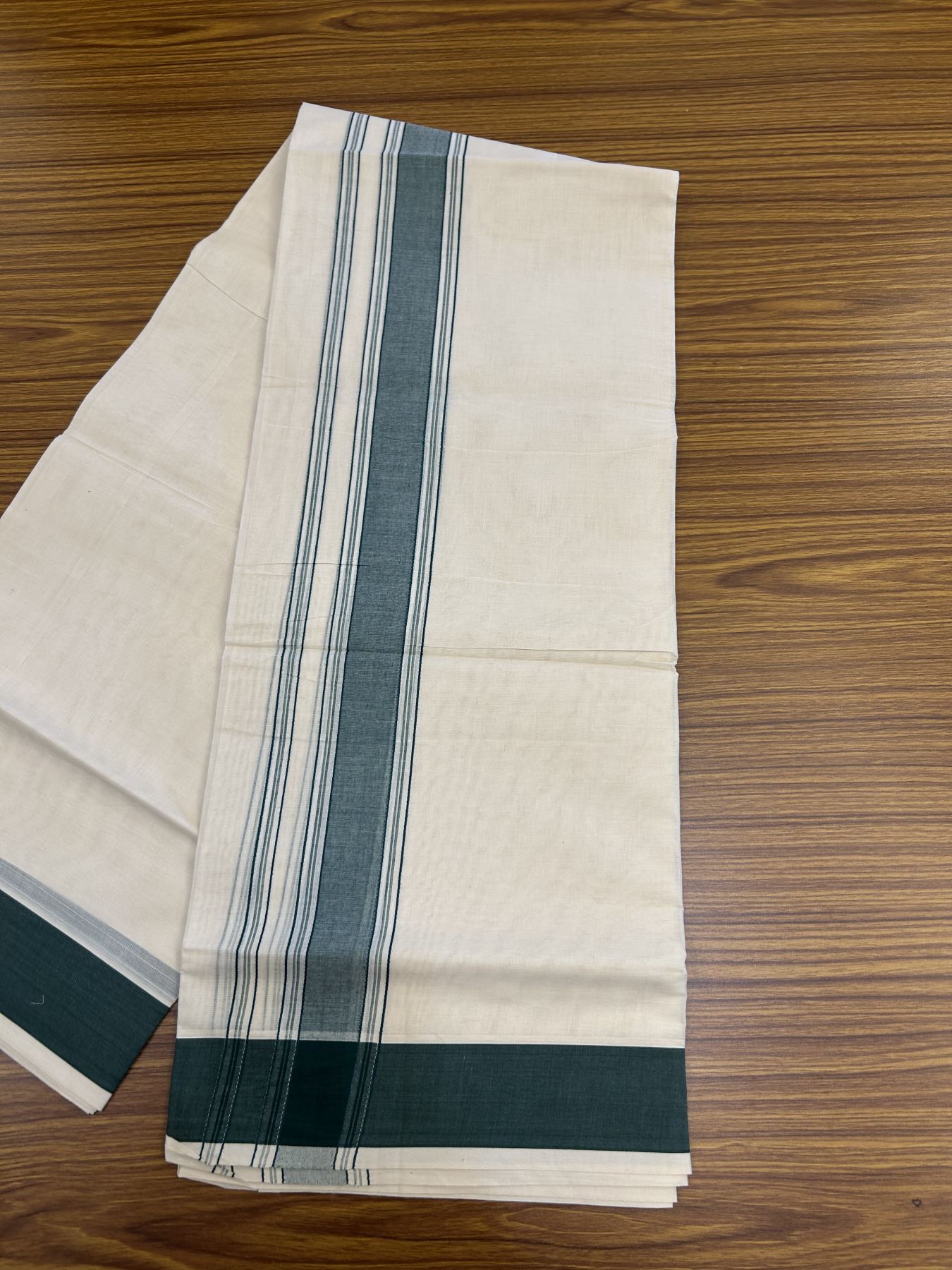 20% Discount! KaithariKada Balaramapuram 100% Cotton Double Off White Mundu/Dhoti- 100x80 -1.75 inch Green Shaded Striped Kara 4 mtr (8.5 muzham) - 219 KK5361 PMC