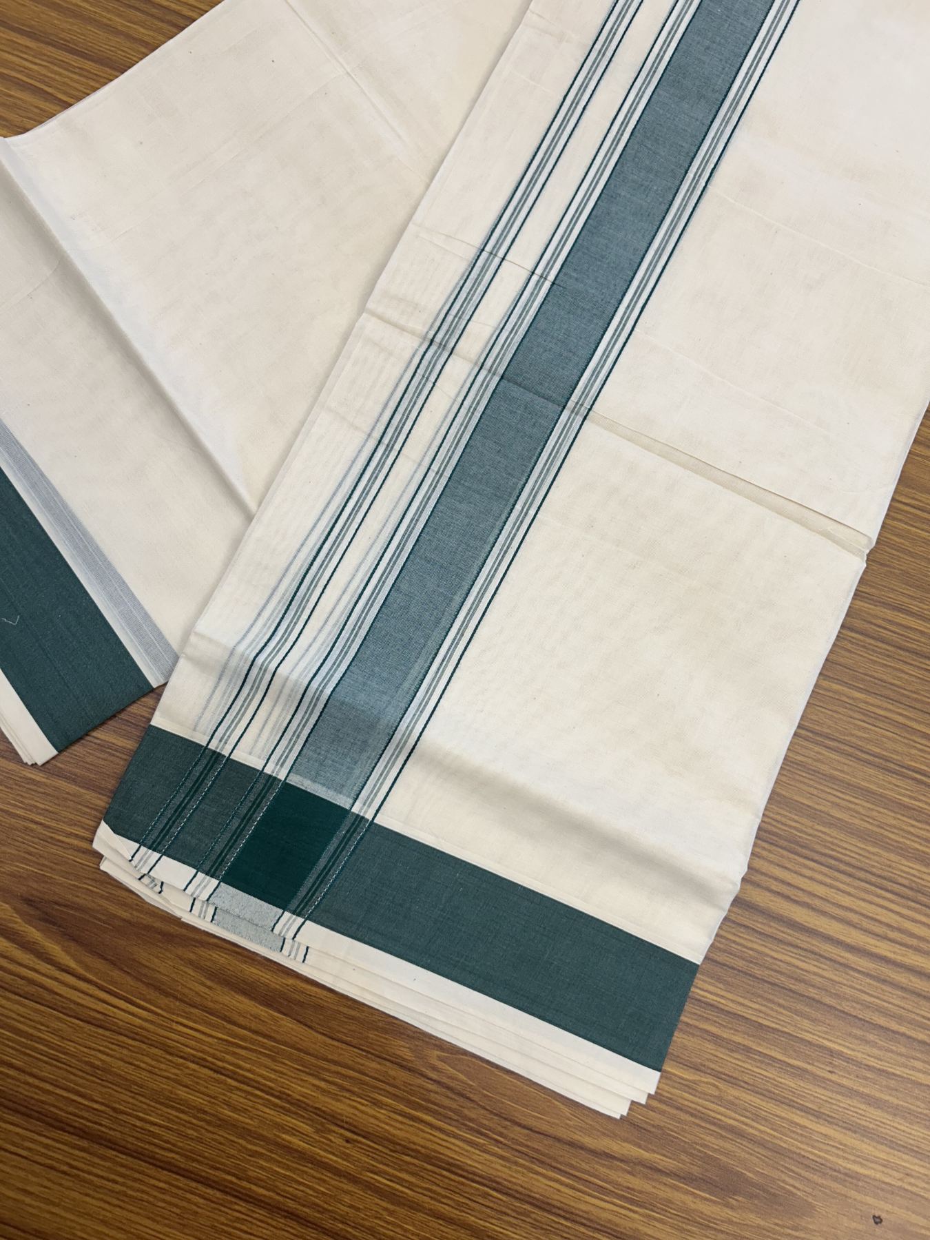20% Discount! KaithariKada Balaramapuram 100% Cotton Double Off White Mundu/Dhoti- 100x80 -1.75 inch Green Shaded Striped Kara 4 mtr (8.5 muzham) - 219 KK5361 PMC