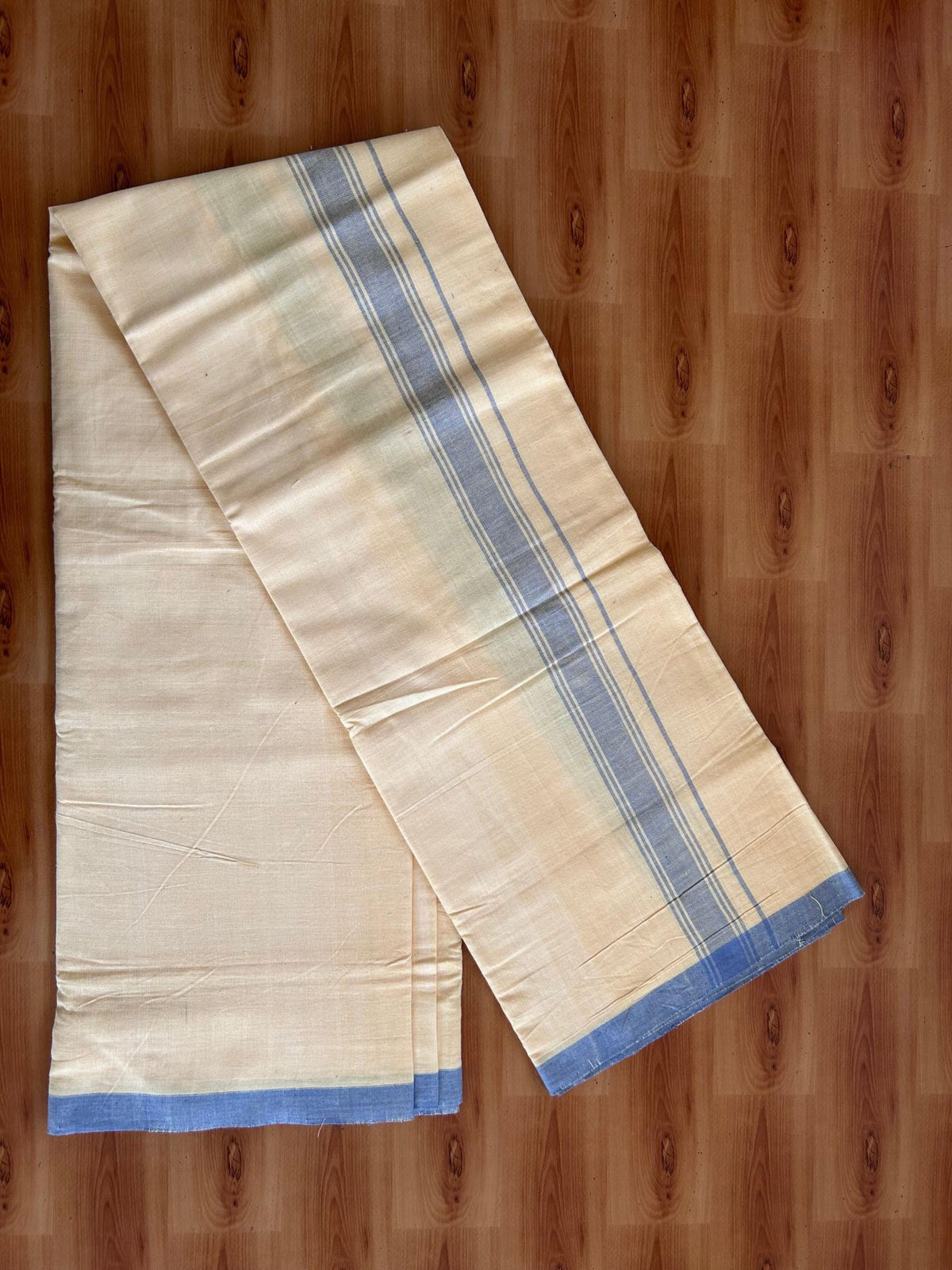 Kannur Kavi Dhoti - KaithariKada Kerala Handloom Single Mundu/Dhoti - 100% Pure Cotton 2/40x26s Thread - Kannur Yellow colour Body 1.25 inch Ash Blue shaded striped Kara - 3 KK8078 KAL