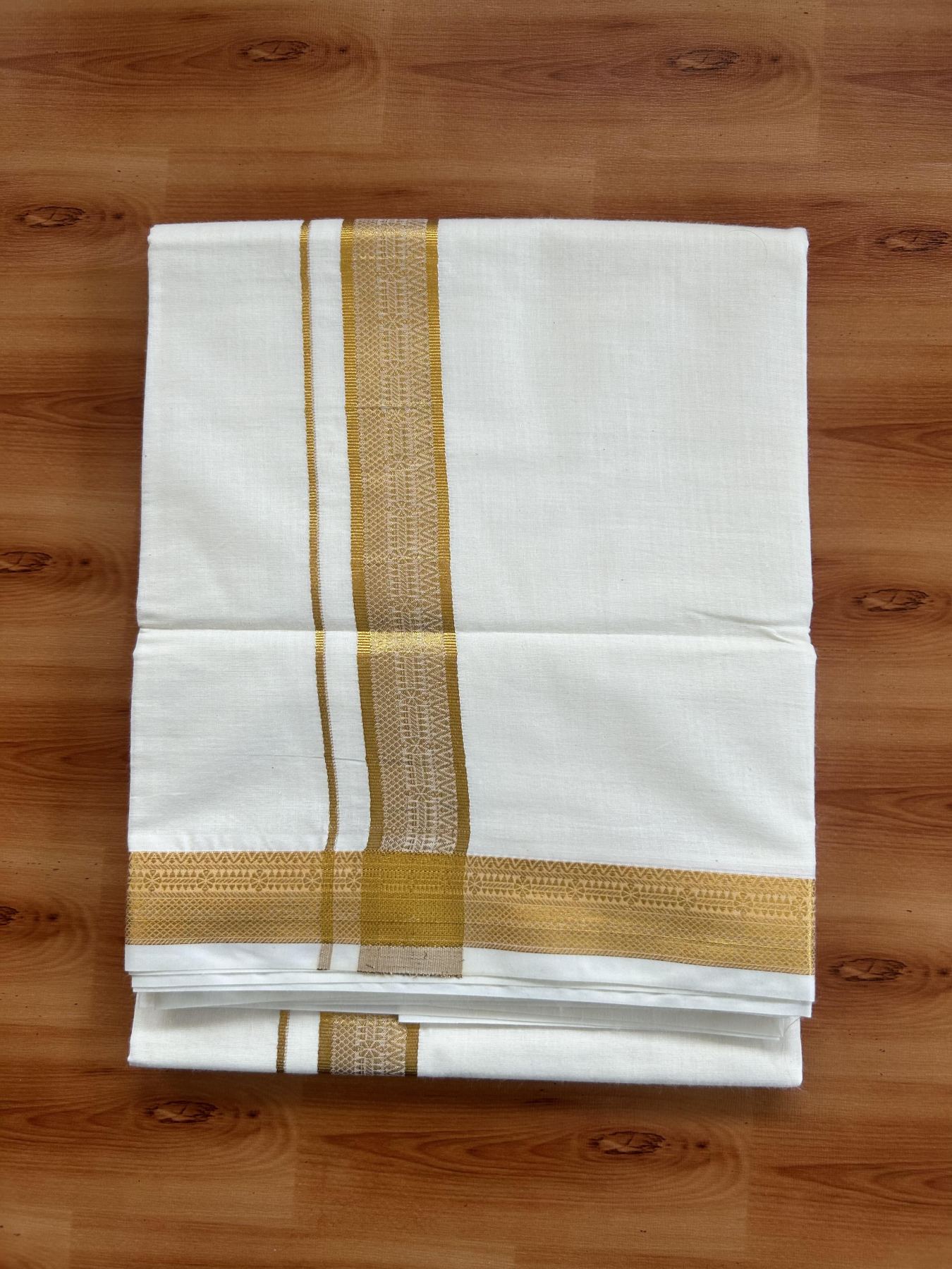 Double Off White - (Unbleached) Mundu/Dhoti - 20% Discount!! Kaitharikada Balaramapuram Pure Cotton - 100s - 1.25 inch Gold Kasav Jacquard Design Kara 4 mtr (8.5 muzham) - 12 KK5395 GAN