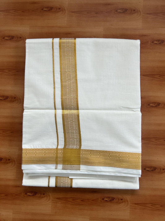 Double Off White - (Unbleached) Mundu/Dhoti - 20% Discount!! Kaitharikada Balaramapuram Pure Cotton - 100s - 1.25 inch Gold Kasav Jacquard Design Kara 4 mtr (8.5 muzham) - 12 KK5395 GAN