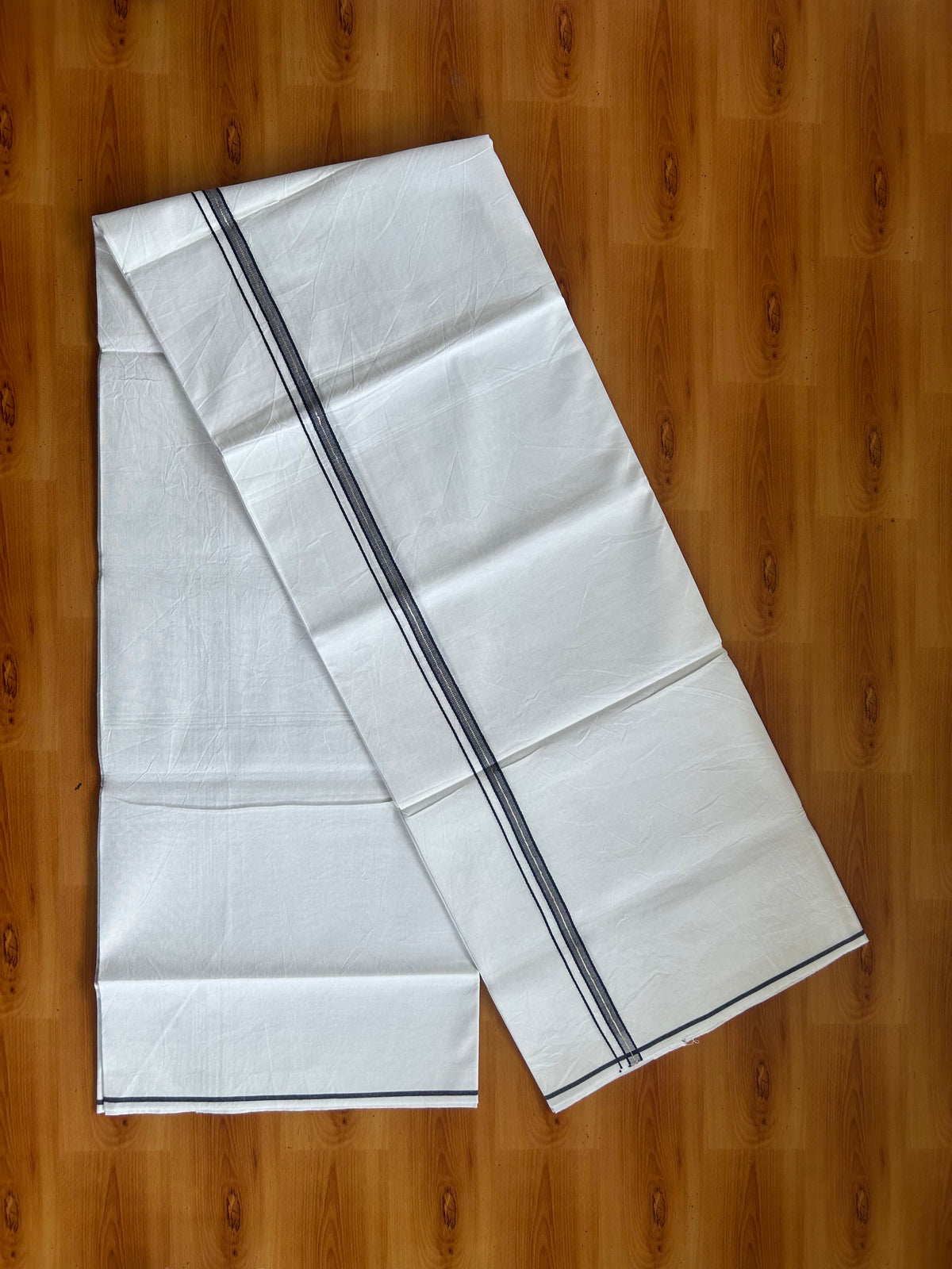 Single Mundu/Dhoti  - Pure White - KaithariKada Pulimood 100% Cotton - Twisted 60s Thread - 0.5 inch Navy Blue & Silver Kara (2 meter / 4 muzham) - 13 KK5556 GL