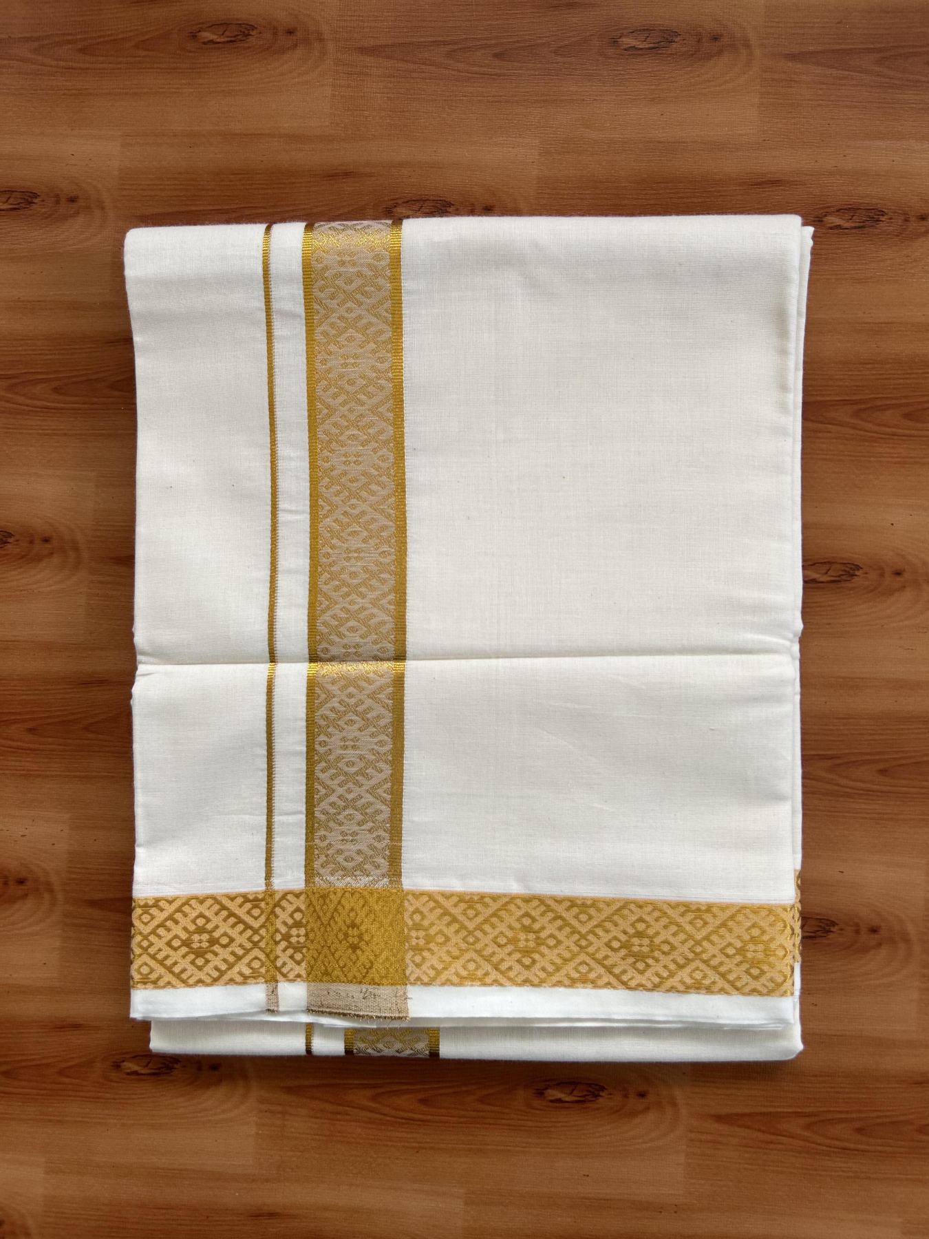 Double Off White - (Unbleached) Mundu/Dhoti - 20% Discount!! Kaitharikada Balaramapuram Pure Cotton - 100s - 1.25 inch Gold Kasav Jacquard Design Kara 4 mtr (8.5 muzham) - 11 KK5395 GAN
