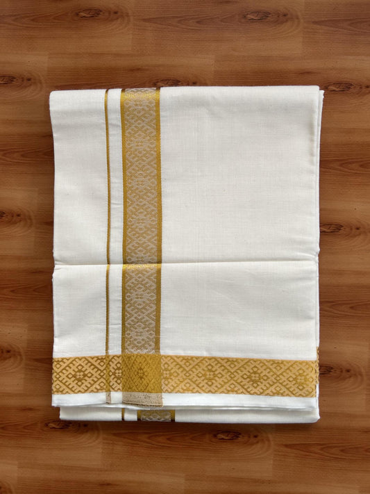 Double Off White - (Unbleached) Mundu/Dhoti - 20% Discount!! Kaitharikada Balaramapuram Pure Cotton - 100s - 1.25 inch Gold Kasav Jacquard Design Kara 4 mtr (8.5 muzham) - 11 KK5395 GAN