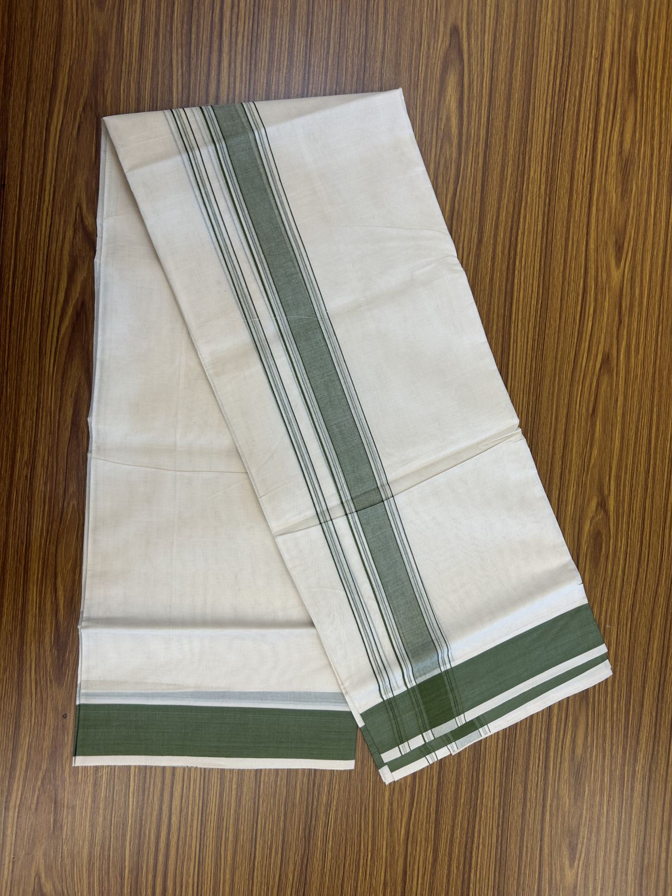 20% Discount! KaithariKada Balaramapuram 100% Cotton Double Off White Mundu/Dhoti- 100x80 -1.75 inch Olive Green Shaded Striped Kara 4 mtr (8.5 muzham) - 220 KK5361 PMC
