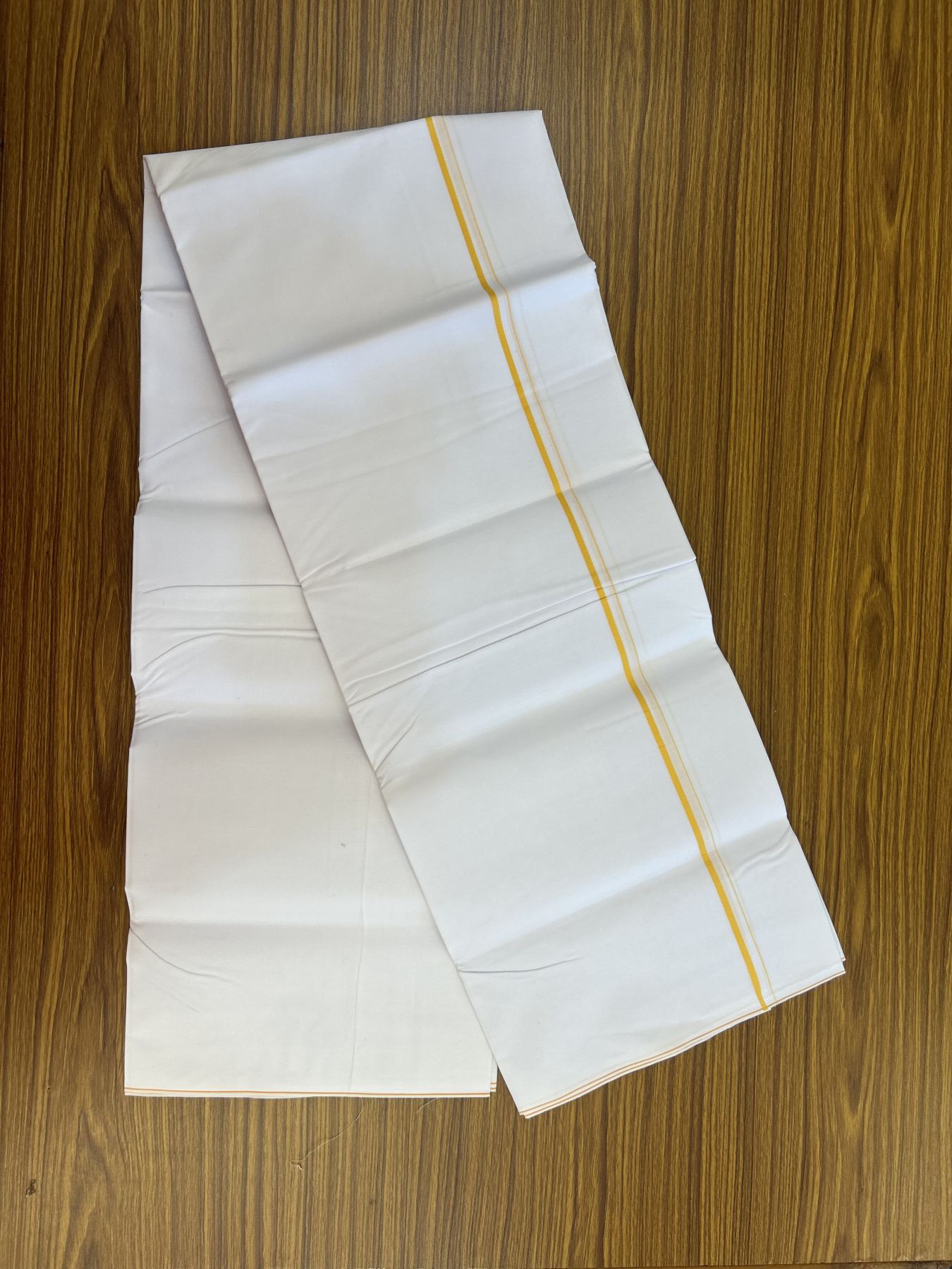 20% Discount !! KaithariKada Wrinkle Free Mercerised Cotton Pure White Single Mundu/Dhoti- (40s) - 0.25 cm Yellow Kara (2 meter / 4 muzham) - 23 KK5336 UAT
