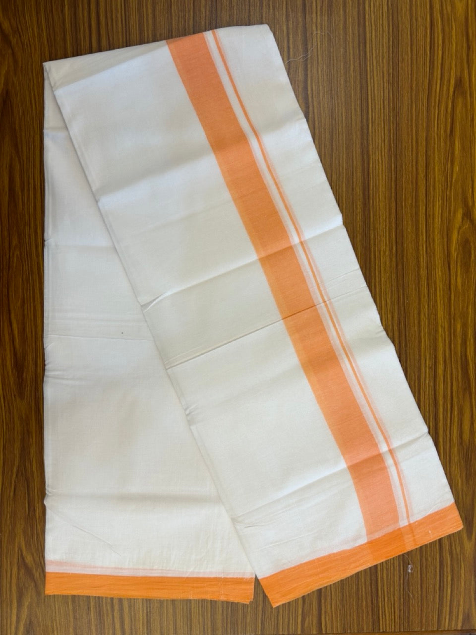 KaithariKada Handloom Millpaav Balaramapuram - 100% Pure Cotton Double Mundu/Dhoti Pure white - 80x90 - 1.5 inch Orange Mulloth Kara 4 mtr (8.5 Muzham) - 5 KK5263 YAR
