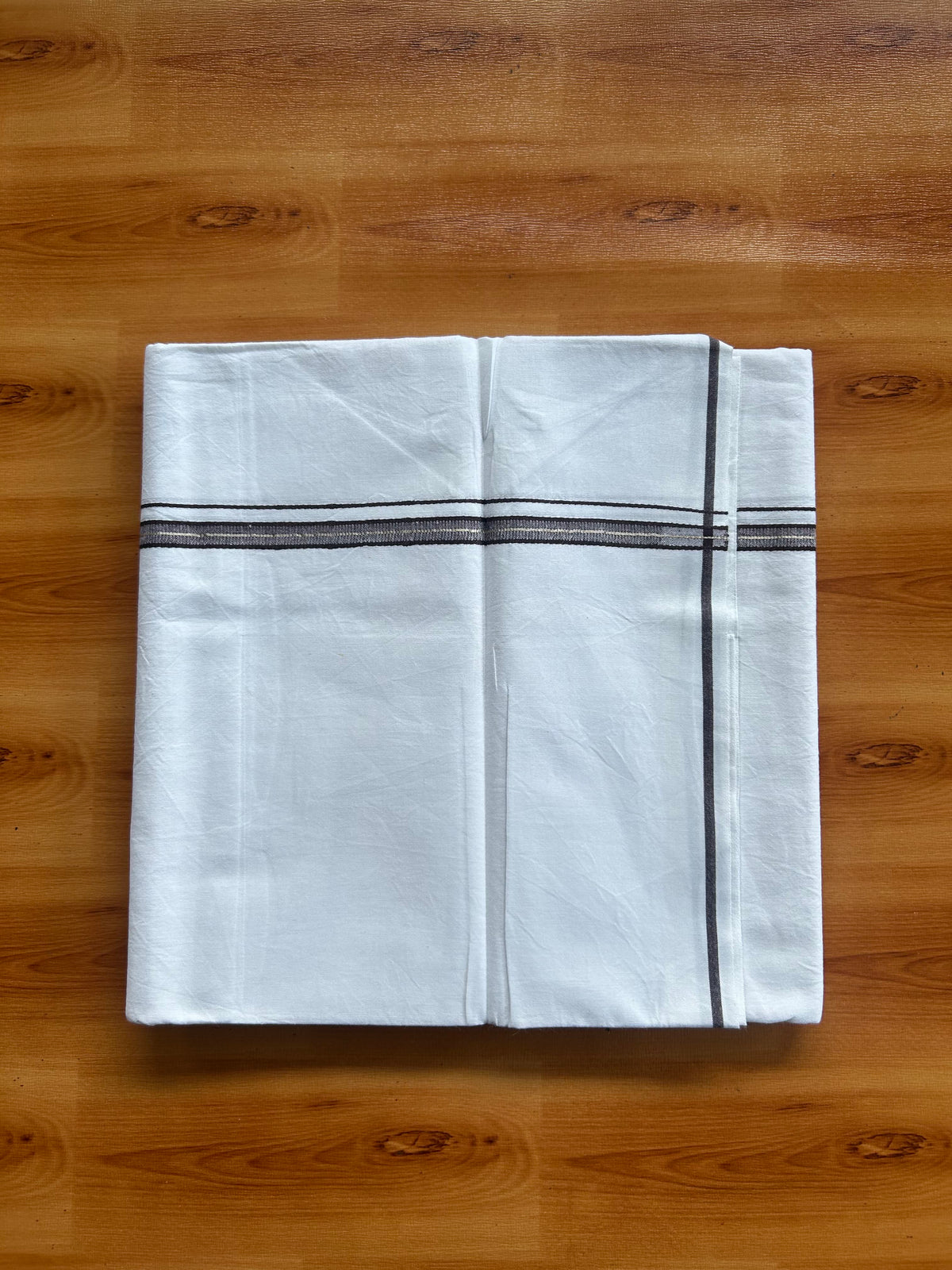 Single Mundu/Dhoti  - Pure White - KaithariKada Pulimood 100% Cotton - Twisted 60s Thread - 0.5 inch Brown & Silver Kara (2 meter / 4 muzham) - 14 KK5556 GL