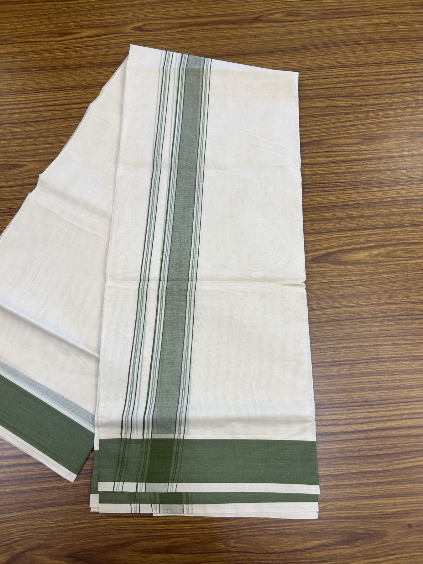 20% Discount! KaithariKada Balaramapuram 100% Cotton Double Off White Mundu/Dhoti- 100x80 -1.75 inch Olive Green Shaded Striped Kara 4 mtr (8.5 muzham) - 220 KK5361 PMC