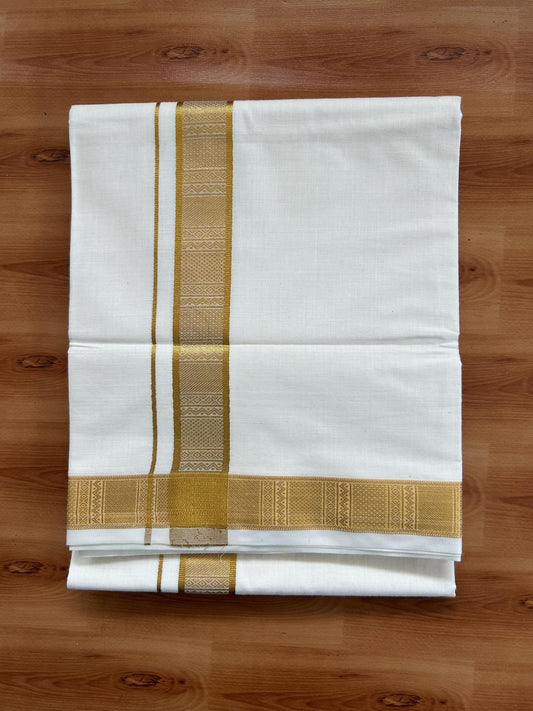 Double Off White - (Unbleached) Mundu/Dhoti - 20% Discount!! Kaitharikada Balaramapuram Pure Cotton - 100s - 1.25 inch Gold Kasav Jacquard Design Kara 4 mtr (8.5 muzham) - 14 KK5395 GAN
