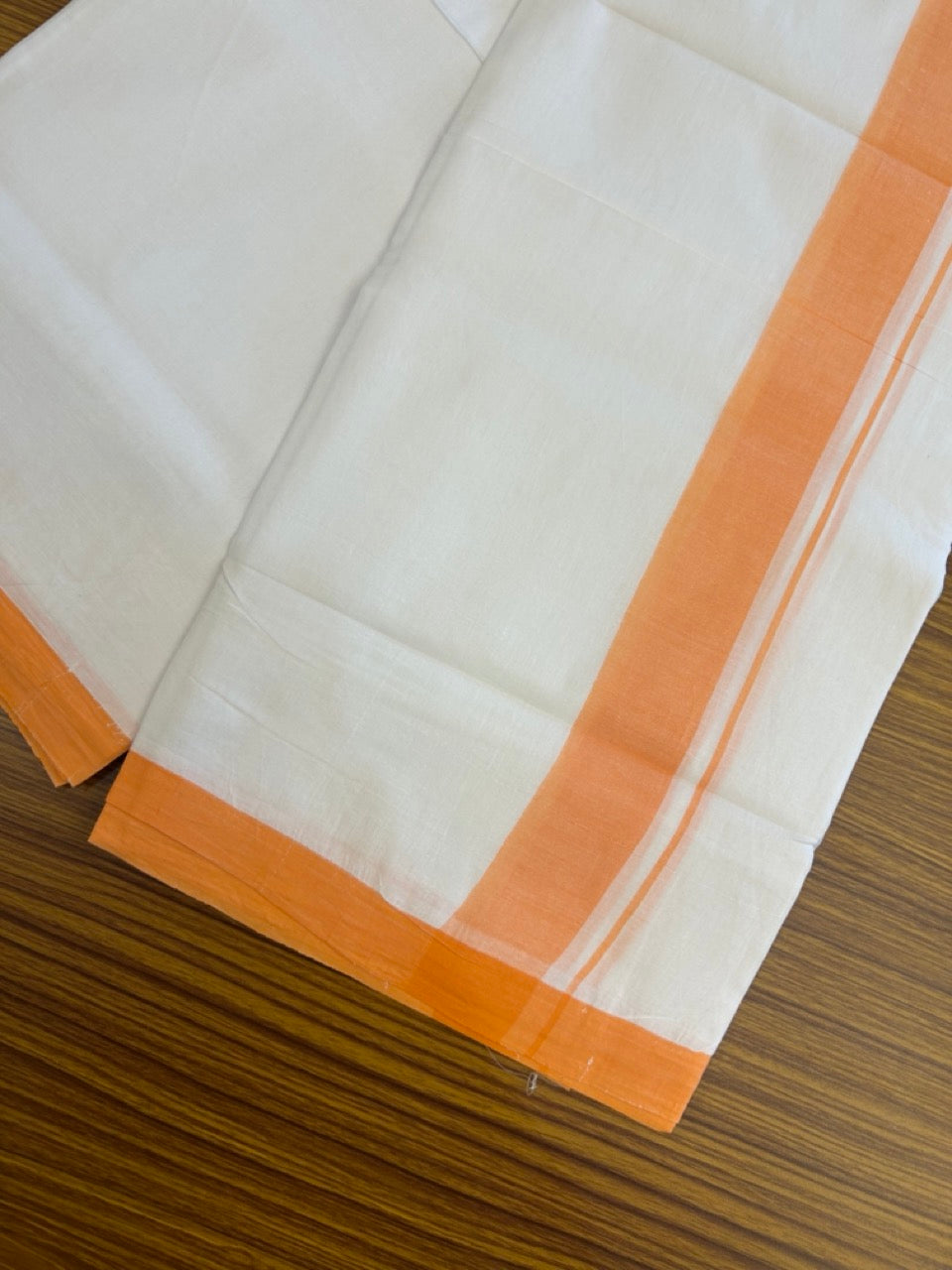 KaithariKada Handloom Millpaav Balaramapuram - 100% Pure Cotton Double Mundu/Dhoti Pure white - 80x90 - 1.5 inch Orange Mulloth Kara 4 mtr (8.5 Muzham) - 5 KK5263 YAR