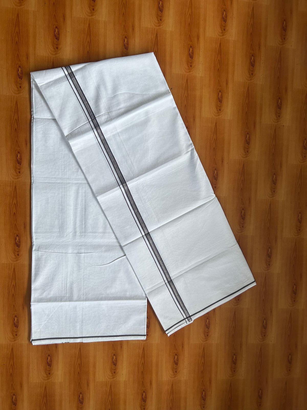 Single Mundu/Dhoti  - Pure White - KaithariKada Pulimood 100% Cotton - Twisted 60s Thread - 0.5 inch Brown & Silver Kara (2 meter / 4 muzham) - 14 KK5556 GL