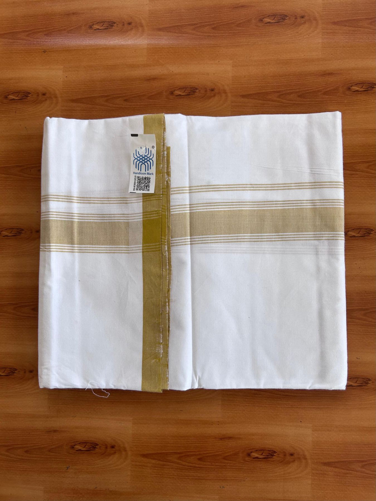 Kerala Handloom - Signature Kaitharikada - 100% Pure Cotton 2/80sx2/80s Thread - Light White Single Mundu / Dhoti - 1.25 inch Mustard Yellow Shaded Striped Kara - (2 meter / 4 muzham) - 23 KK8080 KAL