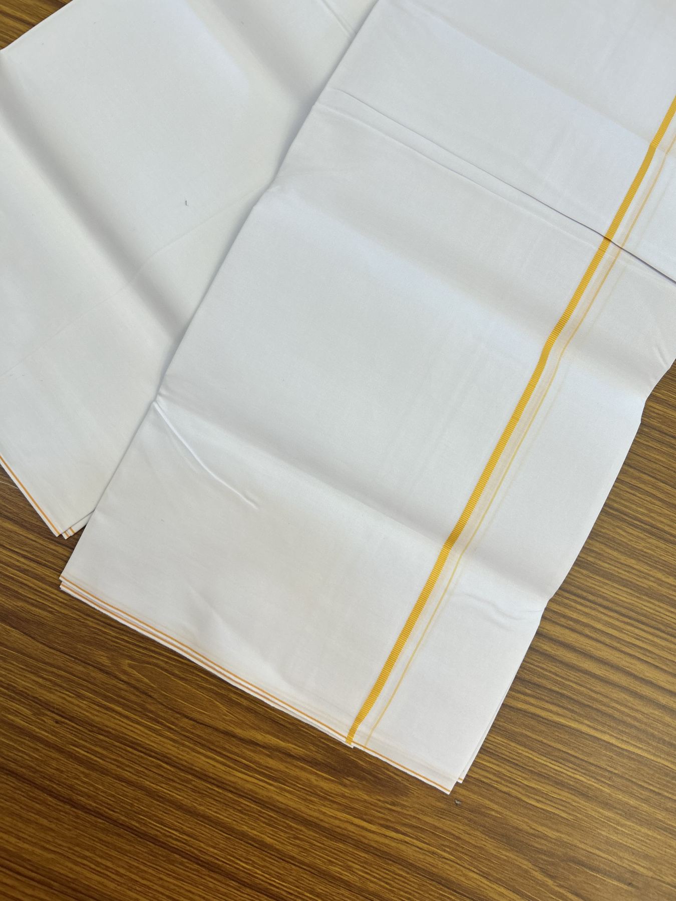 20% Discount !! KaithariKada Wrinkle Free Mercerised Cotton Pure White Single Mundu/Dhoti- (40s) - 0.25 cm Yellow Kara (2 meter / 4 muzham) - 23 KK5336 UAT