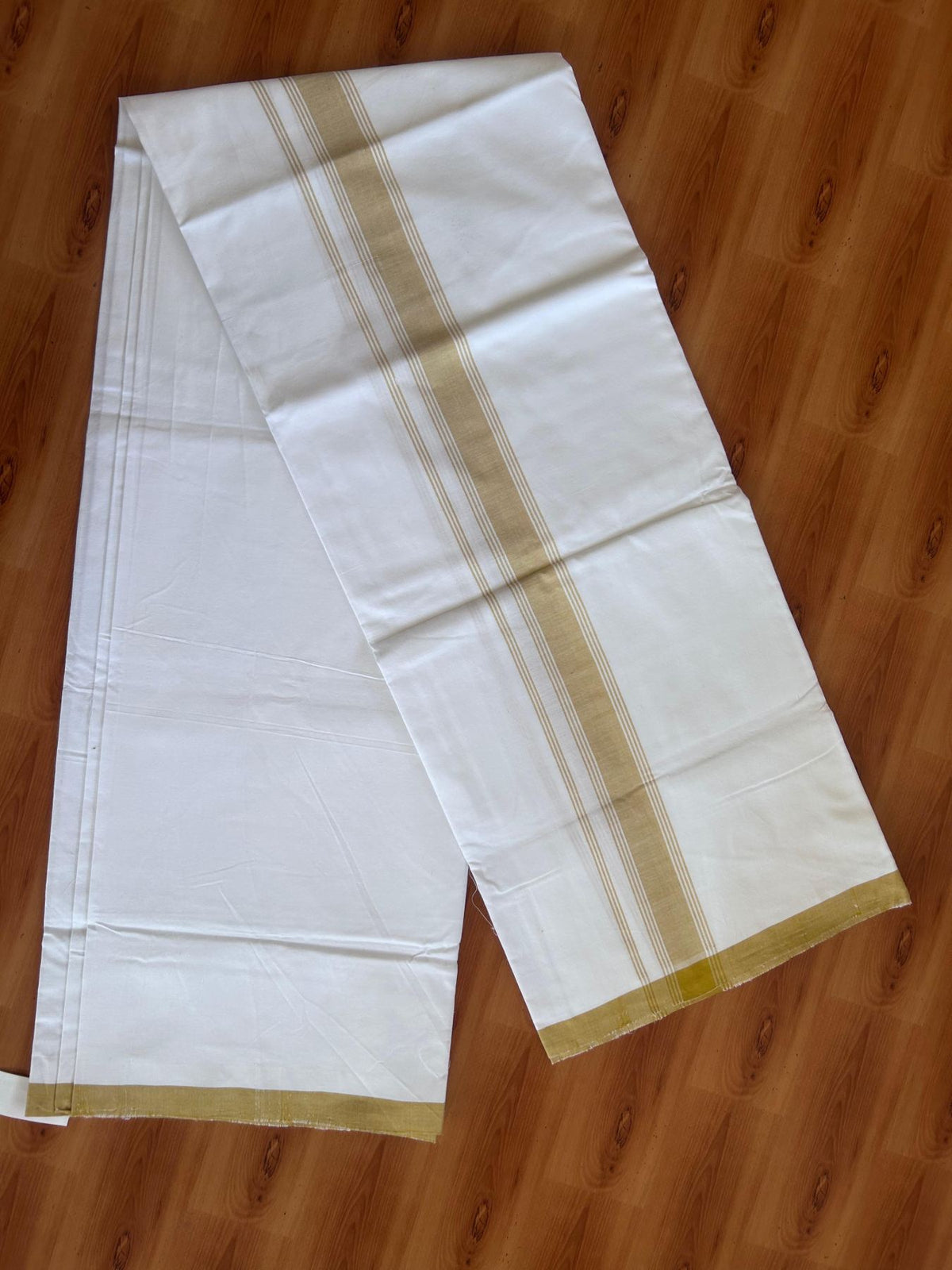 Kerala Handloom - Signature Kaitharikada - 100% Pure Cotton 2/80sx2/80s Thread - Light White Single Mundu / Dhoti - 1.25 inch Mustard Yellow Shaded Striped Kara - (2 meter / 4 muzham) - 23 KK8080 KAL