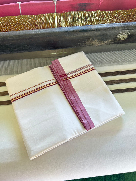SIGNATURE KAITHARIKADA EXCLUSIVE SINGLE DHOTI - 100% Cotton Balaramapuram HANDLOOM Single Mundu/Dhoti - Off White - (Unbleached) 1 cm Maroon & KASAVU Striped Chutty Kara (2 meter / 4 muzham)- 1KK5075KAI